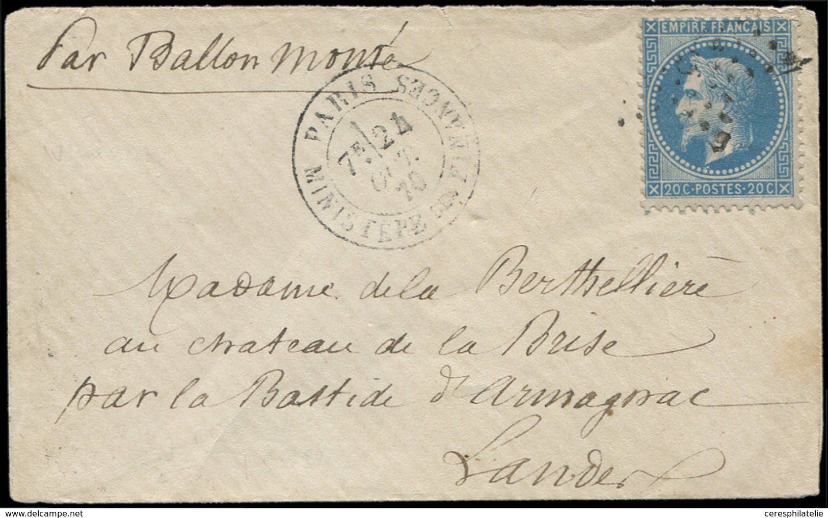 Let BALLONS MONTES N°29B Obl. Etoile 35 S. Env., Càd Minitère Des Finances 24/10/70, Amb. BORDEAUX A IRUN 4/11 Et Arr. L - Guerre De 1870