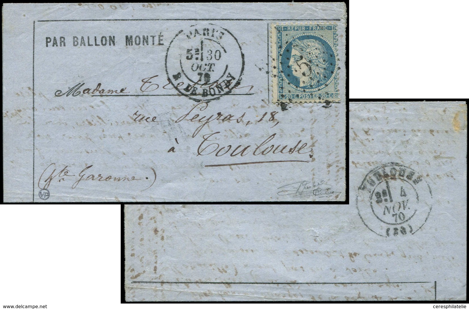 Let BALLONS MONTES N°37 Obl. Etoile 5 Sur Formule, Càd R. De Bondy 30/10/70, Arr. TOULOUSE Le 4/11, TB. C. LE FULTON - Guerre De 1870