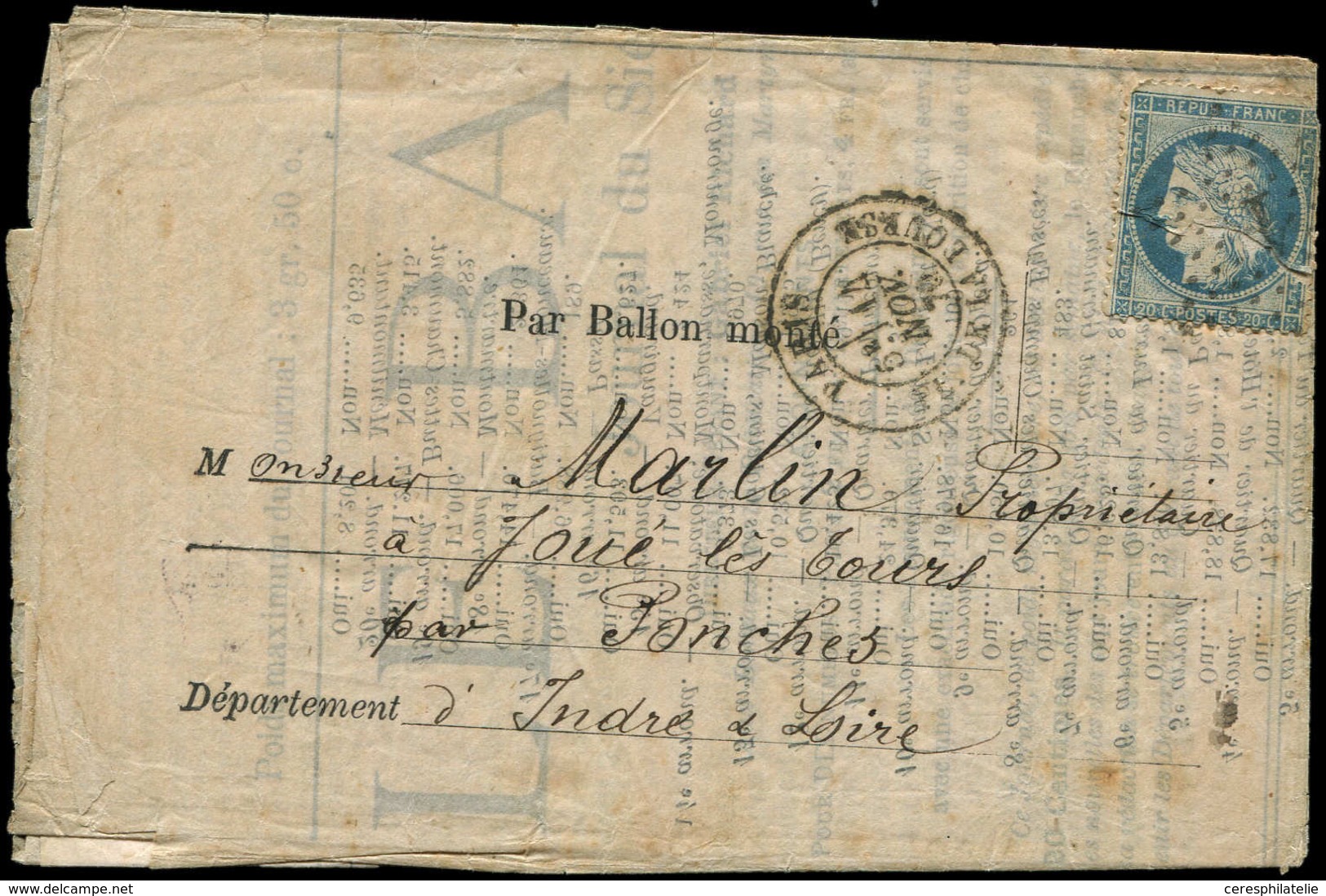 Let BALLONS MONTES N°37 Très Déf. Obl. Etoile 1 S. BALLON POSTE N°3, Càd Pl. De La Bourse 14/11/70, Arr. JOUE DE TOURAIN - Guerre De 1870