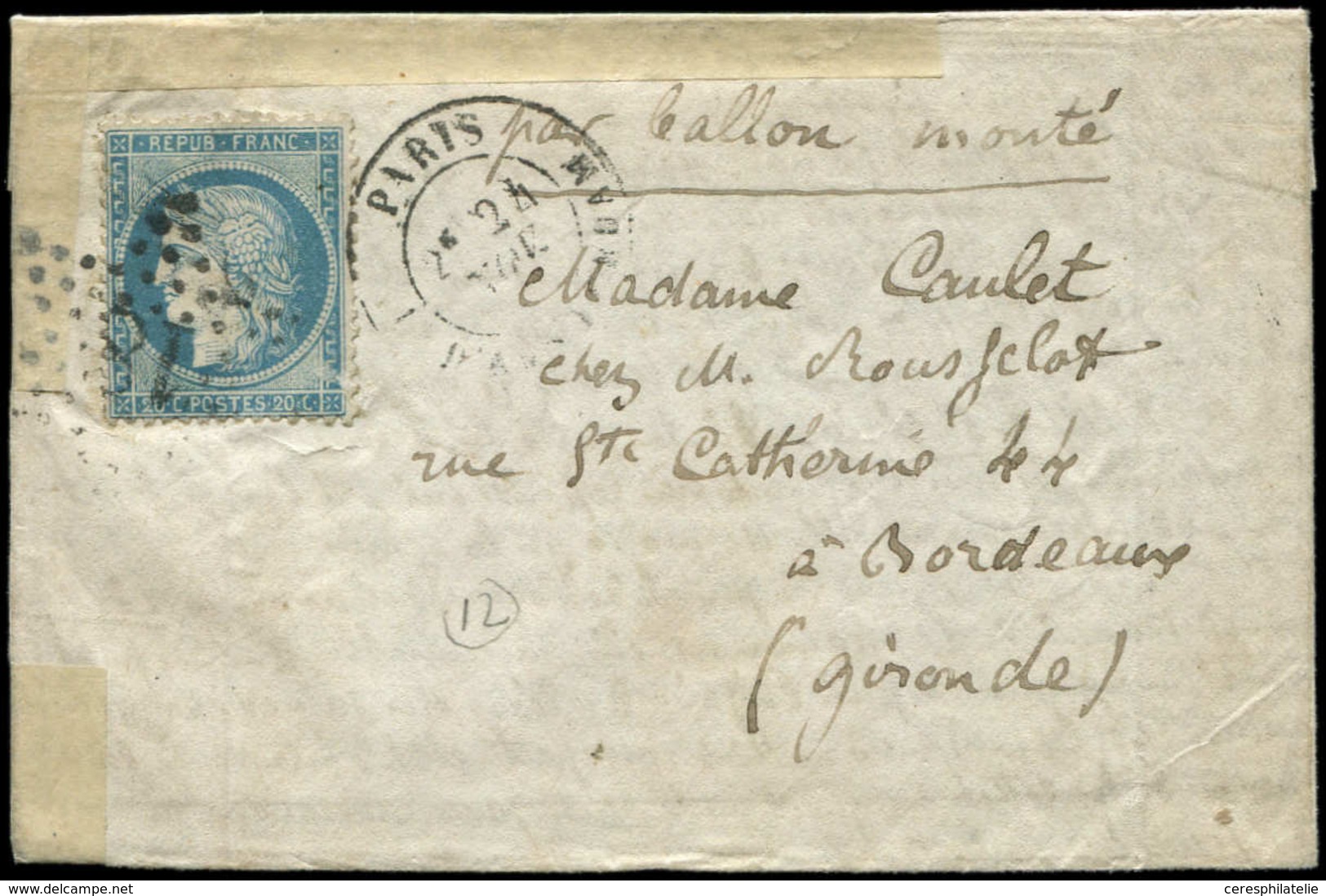 Let BALLONS MONTES N°37 Obl. Etoile 18 S. LAC, Càd R. D'Amsterdam 24/11/70, Arr. BORDEAUX, LA VILLE D'ORLEANS Courrier D - Guerre De 1870