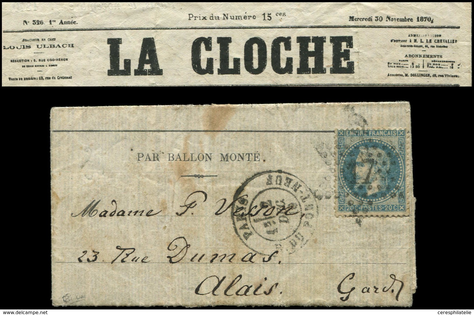 Let BALLONS MONTES N°29B Obl. Etoile 17 S. Journal LA CLOCHE, Càd R. Du Pont Neuf 2/12/70, Càd Amb LYON A AVIGNON Et Arr - Guerre De 1870