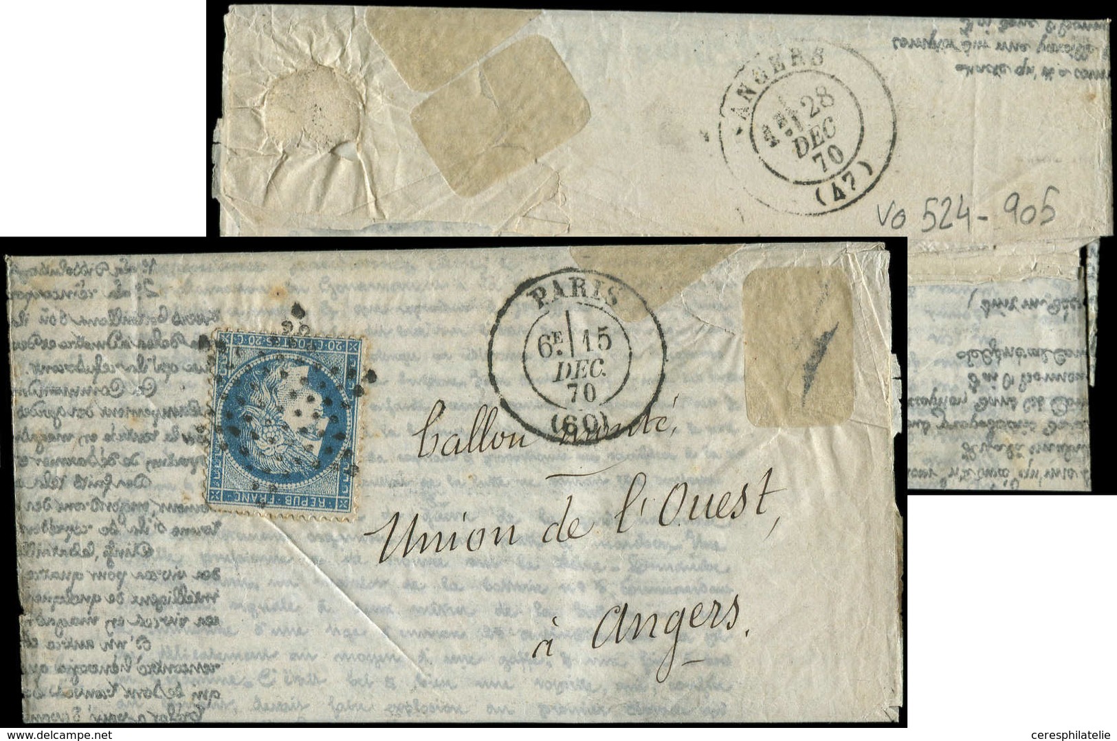 Let BALLONS MONTES N°37 Obl. Etoile S. AGENCE HAVAS, Càd PARIS 15/12/70, Arr. ANGERS 28/12, TTB. LE PARMENTIER - Guerre De 1870