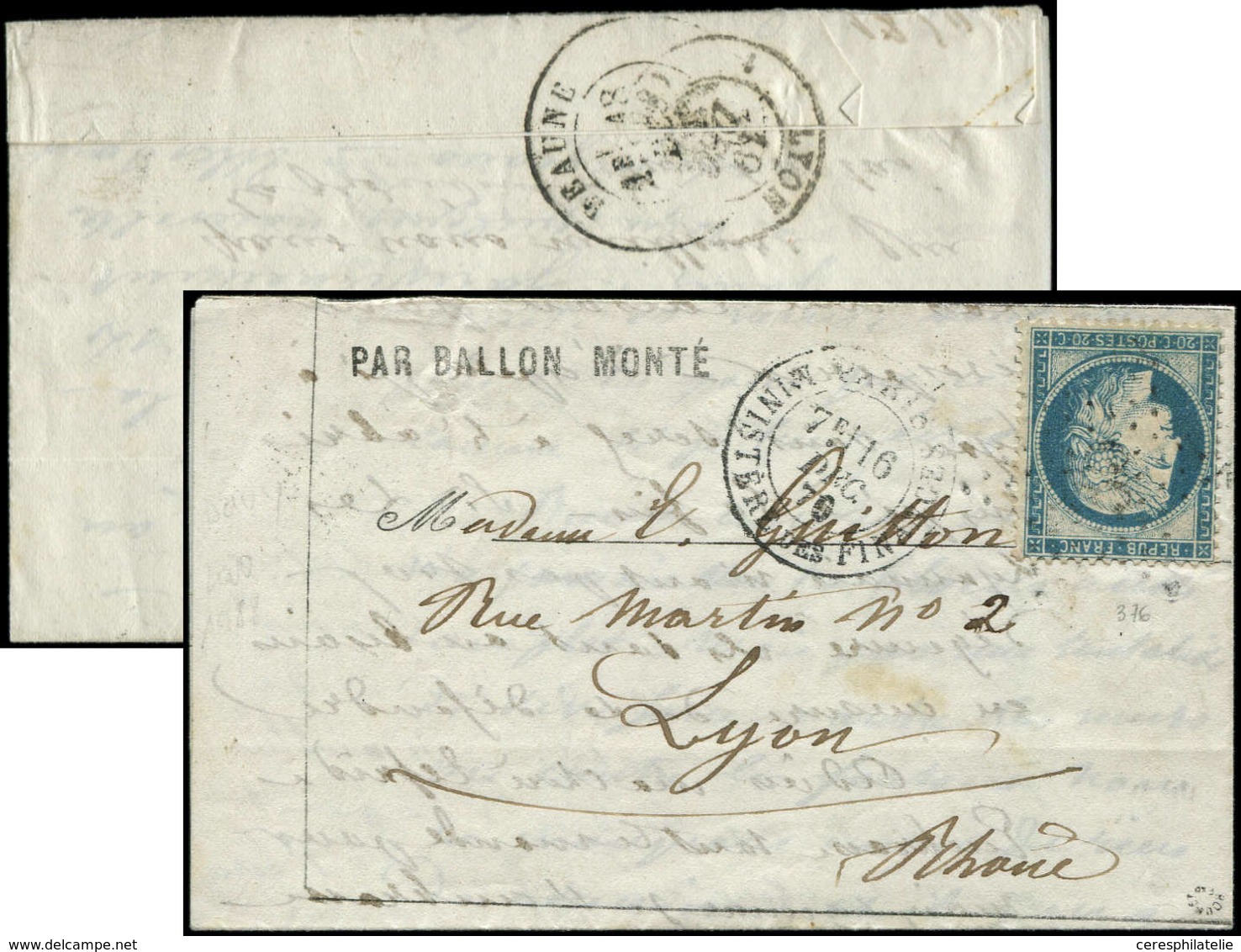 Let BALLONS MONTES N°37 Obl. Etoile 35 S. LAC Formule, Càd Ministère Des Finances 16/12/70, RR Càd De Passage BEAUNE 18/ - Guerre De 1870