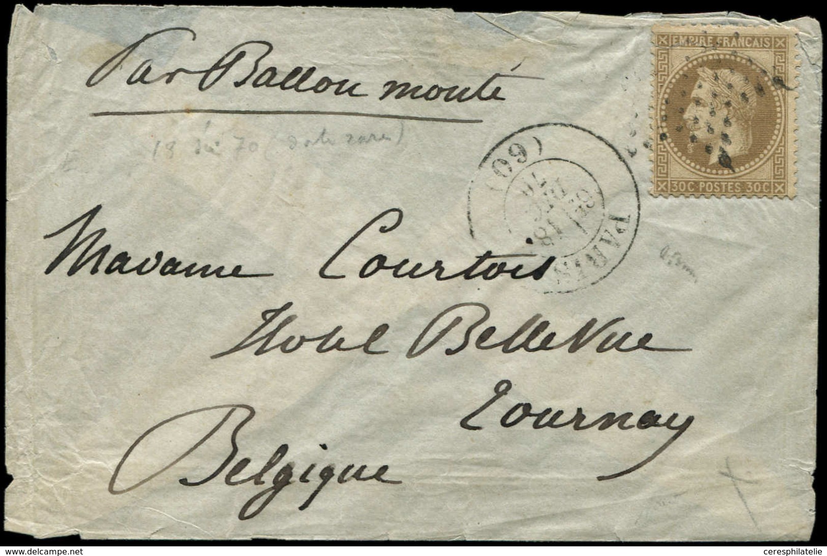 Let BALLONS MONTES N°30 Obl. Etoile S. Env., Càd PARIS 18/12/70 Pour TOURNAY, TB. LE GENERAL CHANZY - Krieg 1870