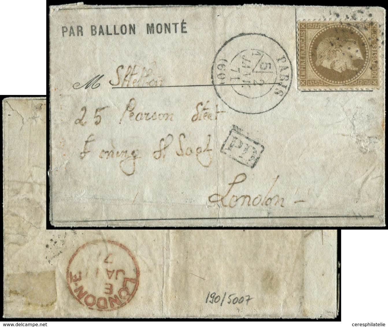 Let BALLONS MONTES N°30 Obl. Etoile S. Env., Càd 1/5 PARIS 2/1/71, Arr. LONDON 11/1, TB. LE NEWTON - Guerre De 1870