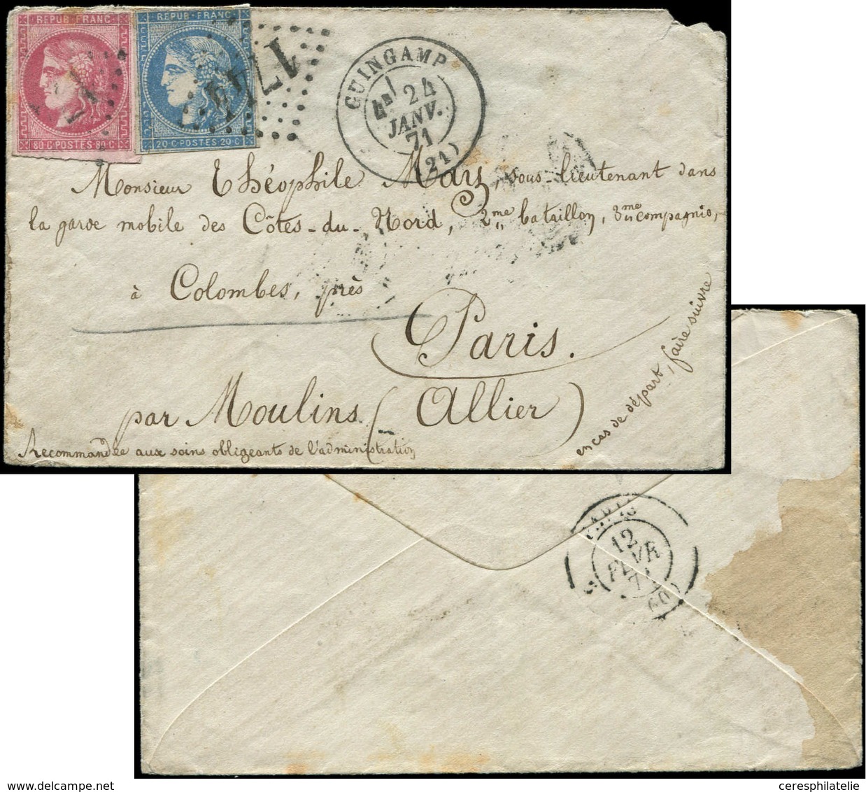 Let Boules De Moulins  N°45C Et 49 Touchés Obl. GC 1744 S. Env., Càd T17 GUINGAMP 24/1/71 Et "recommandé Aux Soins Oblig - Guerre De 1870