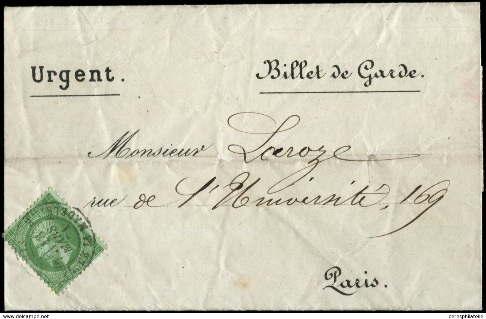 Let Commune De Paris  N°20 Obl. Càd Pl. De La Madeleine 18/3/71 S. Billet De La Garde Nationale à Cheval, PREMIER JOUR D - Guerre De 1870