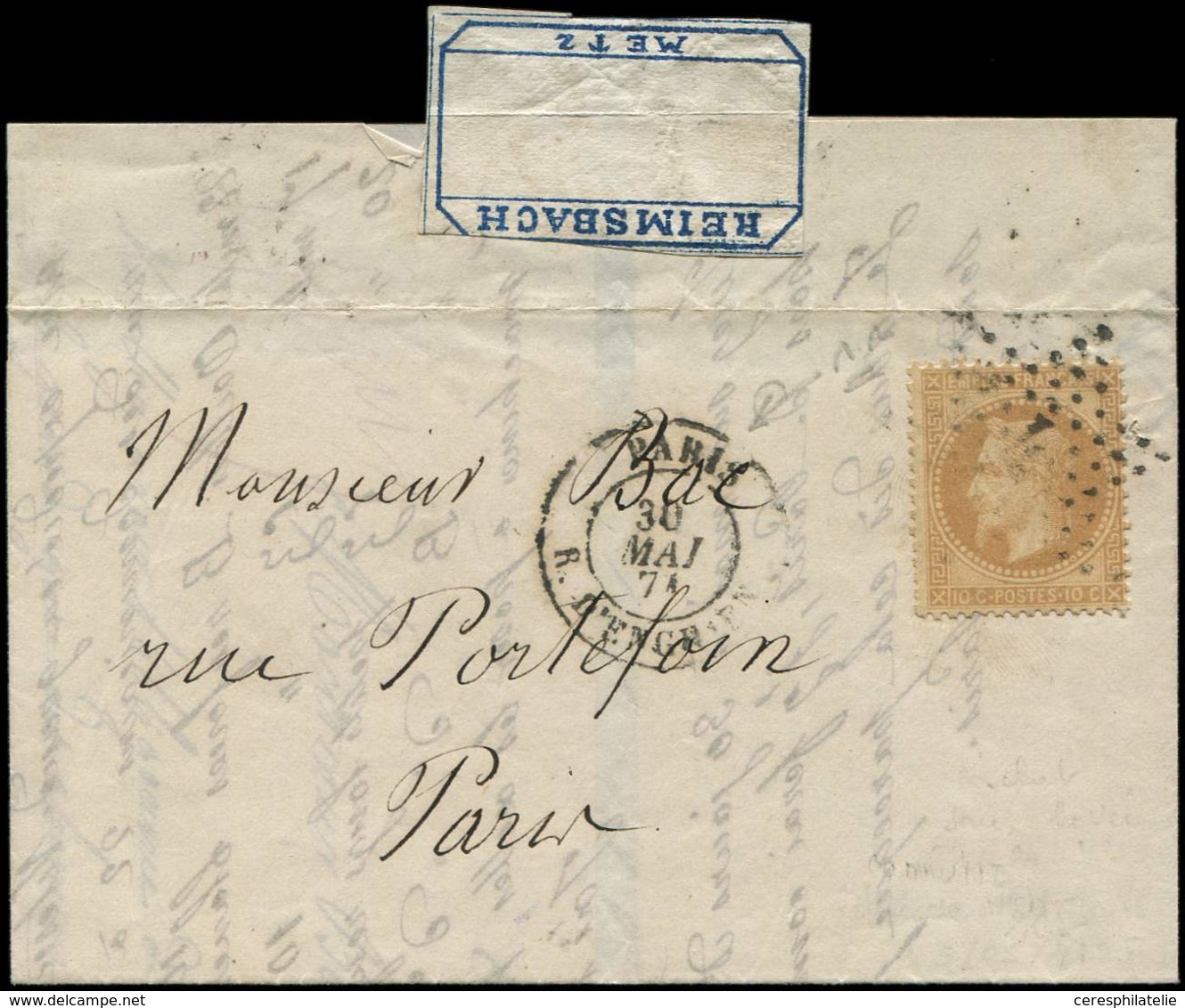 Let Commune De Paris  N°28B Obl. Etoile 4 S. LAC De METZ Datée Du 23/5, Entrée Par Un Voyageur, Affr. Et Obl. à Paris, C - Guerre De 1870