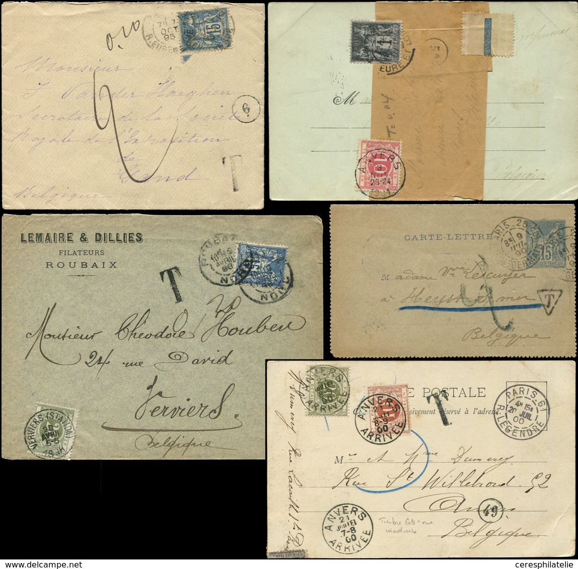 Let DESTINATIONS Lot De 5 Lettres Ou CP Sage Pour La Belgique Avec Taxes Différentes, 1890-1901, TB - 1849-1876: Période Classique