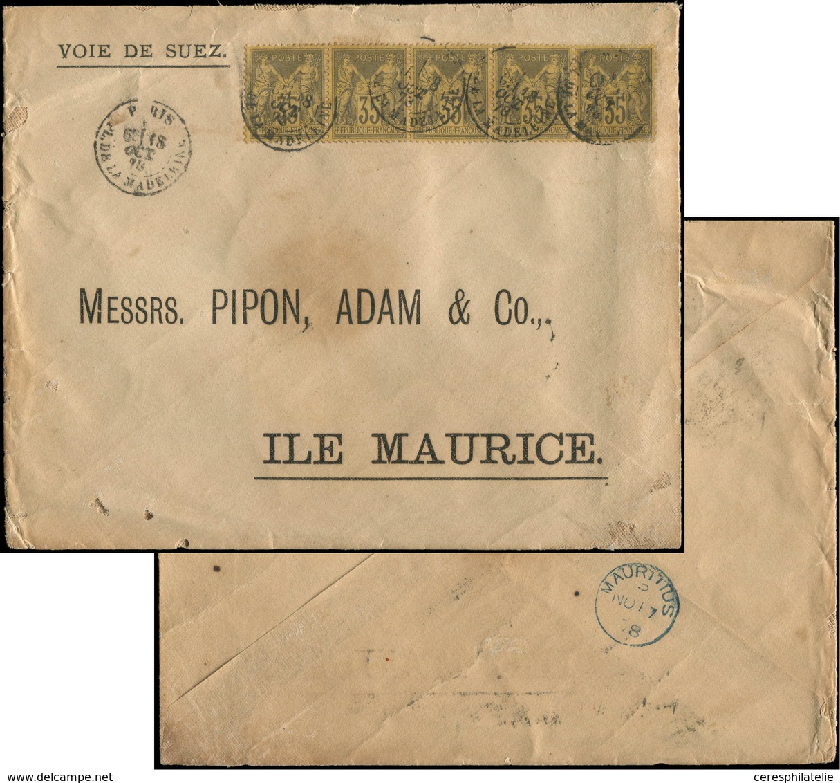 Let DESTINATIONS N°93 BANDE De 5 Obl. PARIS 18/10/78 S. Env., Arr. MAURITIUS 17/10, 5e échelon De Poids, Tarif Voie De M - 1849-1876: Période Classique