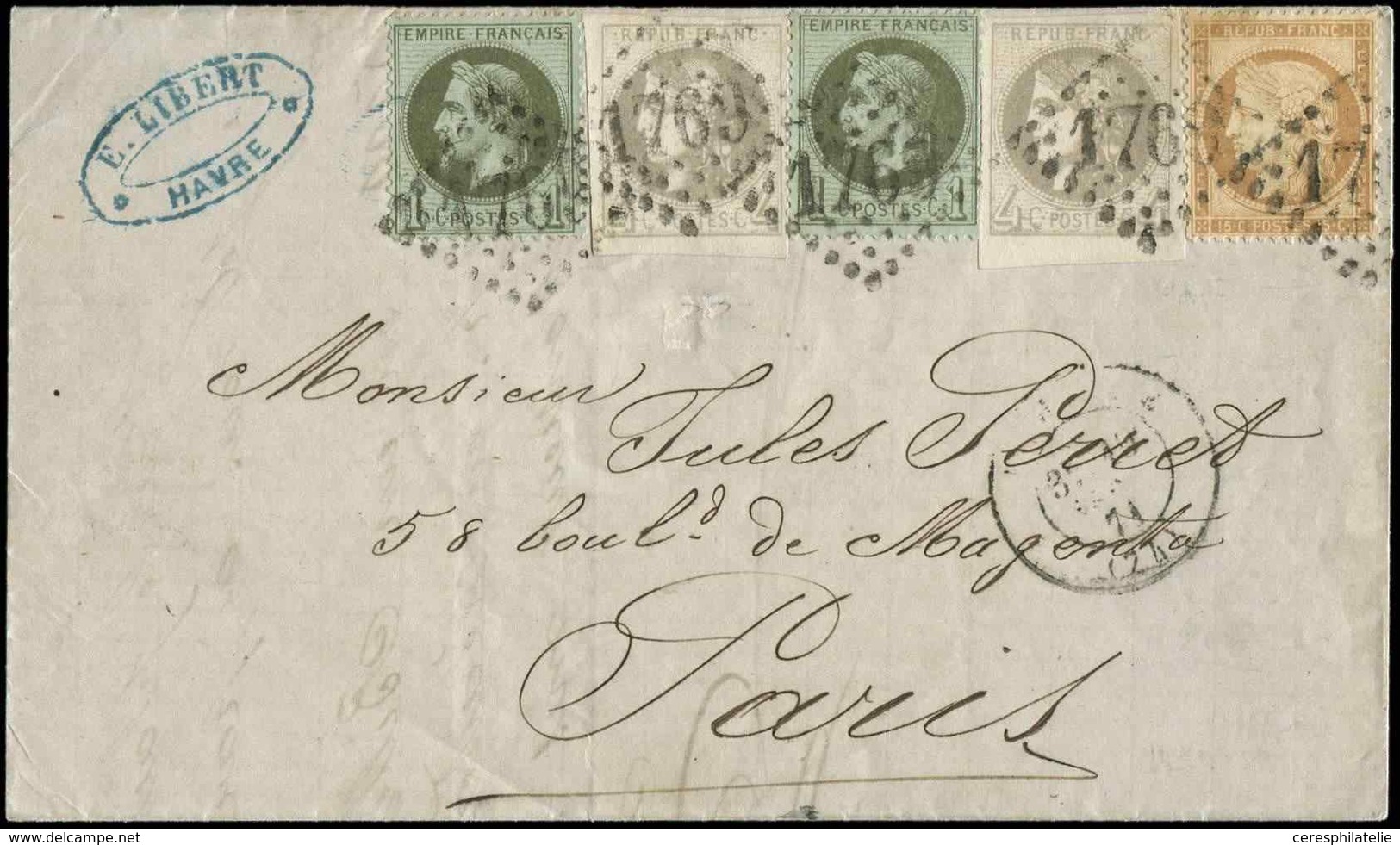 Let AFFRANCHISSEMENTS DE SEPTEMBRE 1871 N°25 (2) + 41B (2) + 59 Obl. GC 1769 S. LAC, Càd T17 LE HAVRE 19/(9)/71, TB, RR - 1849-1876: Période Classique