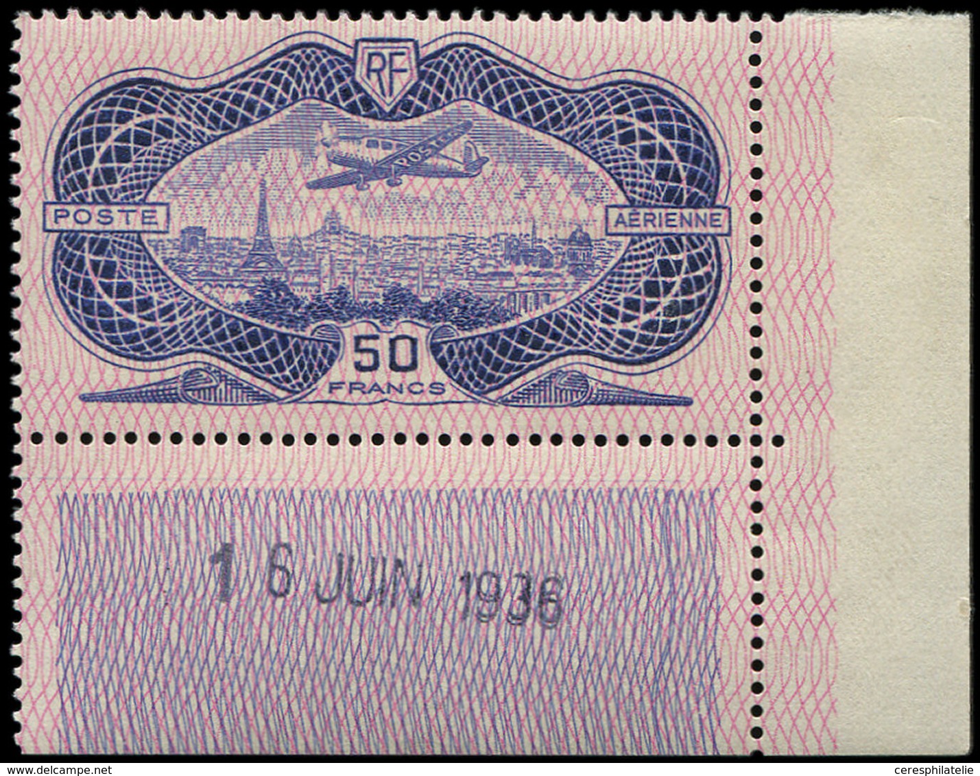 ** POSTE AERIENNE 15b 50f. Burelage Renversé, Cdf Daté 16/6/36, Ch. Sur Un Bord, TB - 1927-1959 Mint/hinged