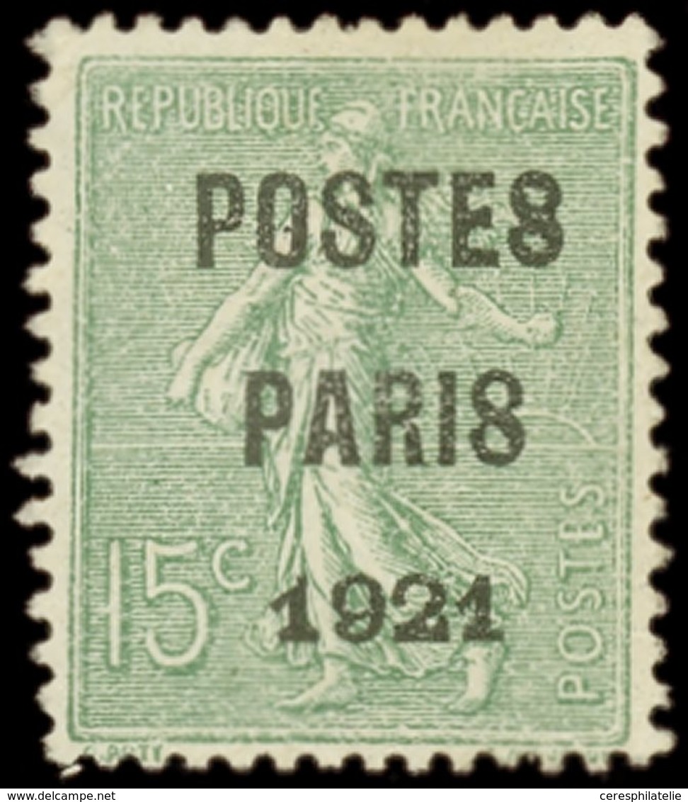 (*) PREOBLITERES 28  15c. Vert Olive, POSTES PARIS 1921, TB. C - 1893-1947