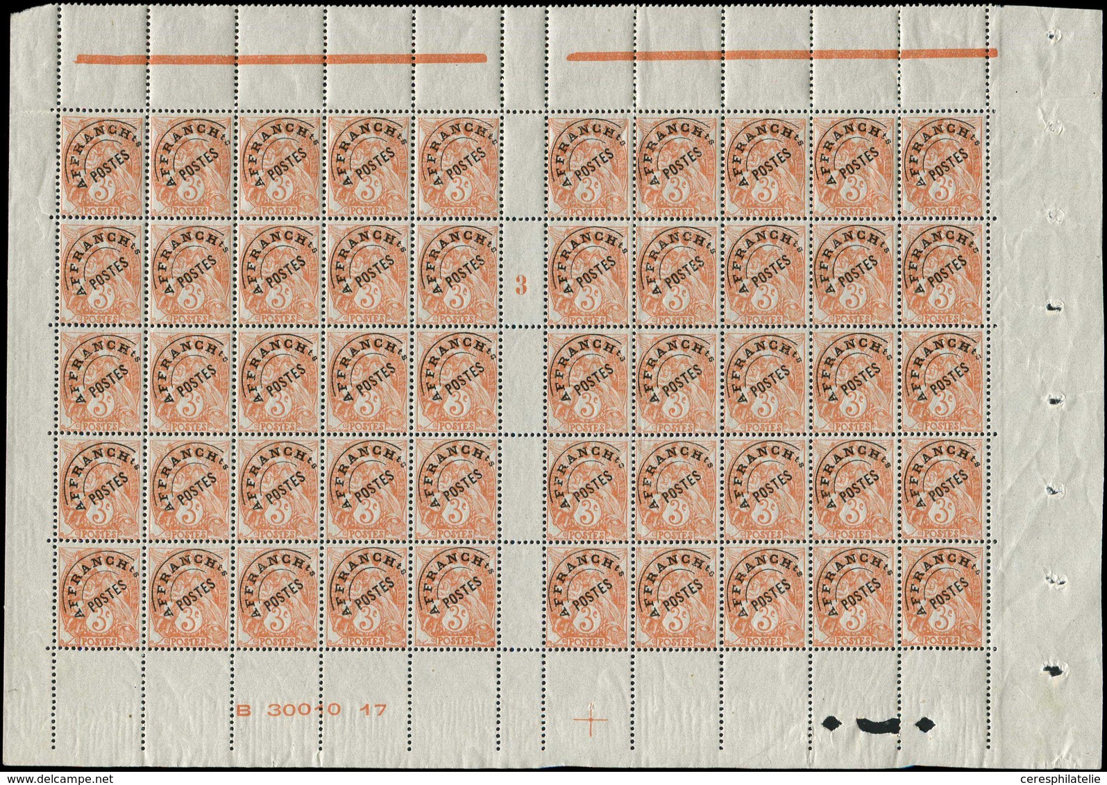 ** PREOBLITERES 39  Blanc, 3c. Orange, PANNEAU De 50, Bas De Feuille N°B 30010-17, Mill.3, TB - 1893-1947