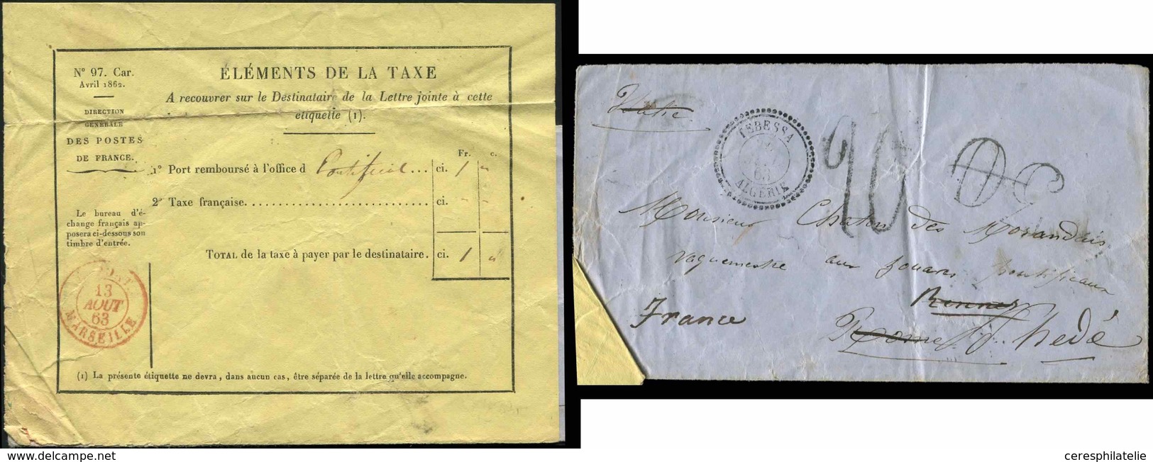 Let TAXE Etiquette Jaune N°97 "Eléments De La " S. Env. De TEBESSA 7/63 à Rome Puis Rennes Par Marseille, Càd Rouge 13/8 - 1859-1959 Oblitérés