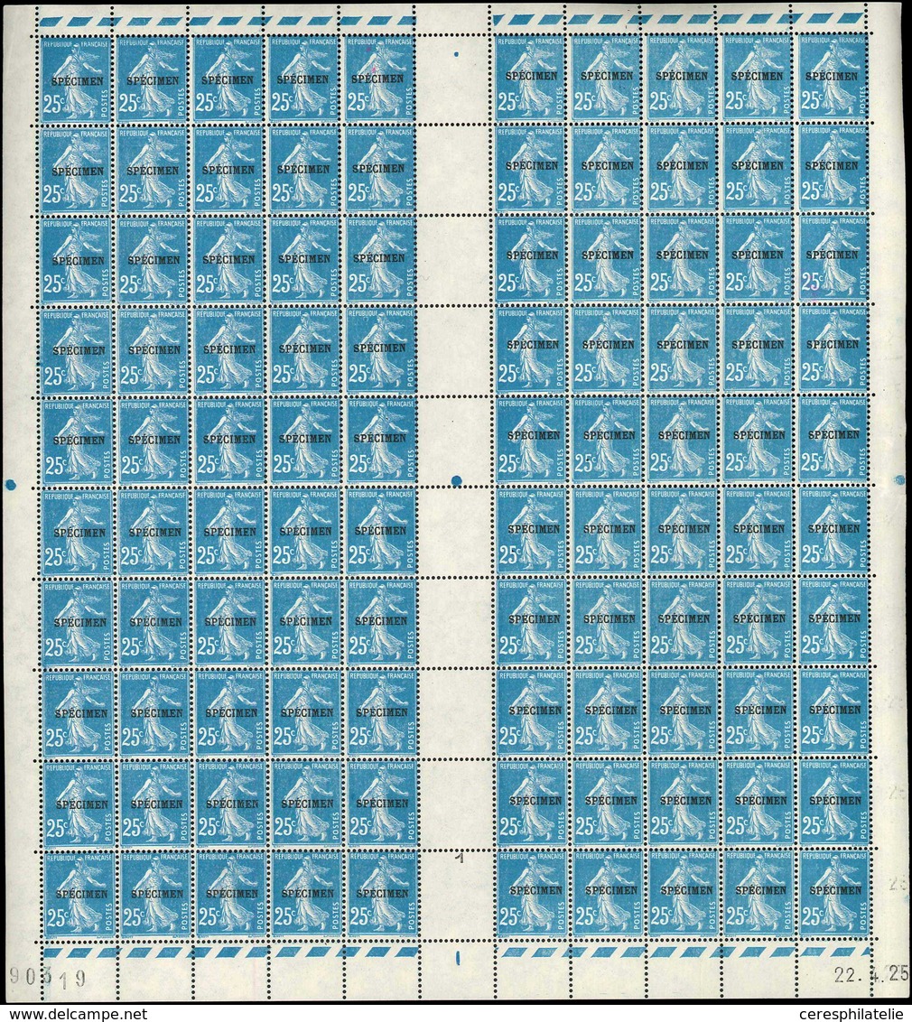 ** COURS D'INSTRUCTION 140-CI 4  Semeuse Camée, 25c. Bleu, Surch. SPECIMEN, FEUILLE De 100, CD 22/4/25, TB - Cours D'Instruction