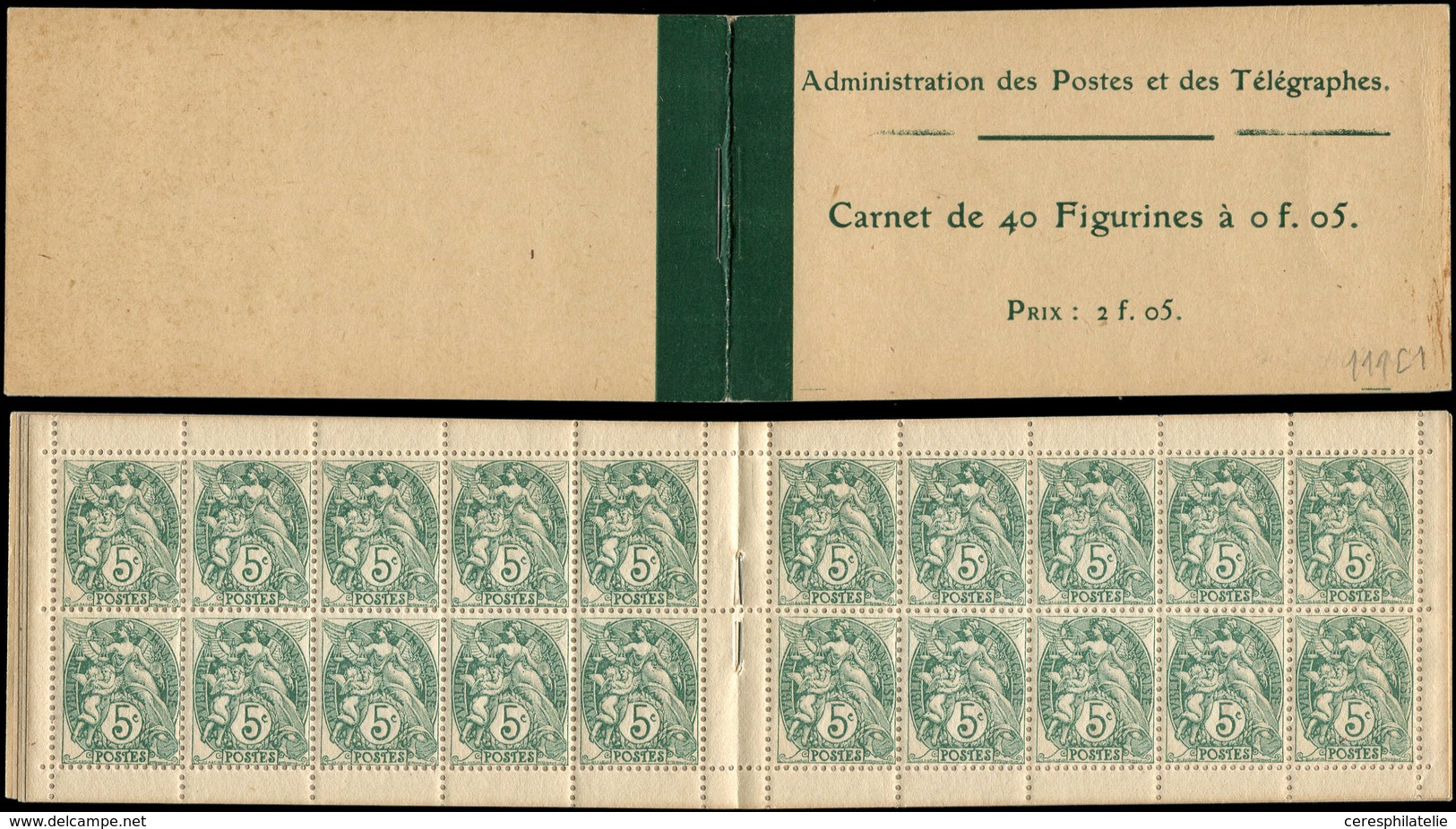 CARNETS (N°Cérès Jusqu'en1964) 1    Blanc,  5c. Vert, N°111C, T IB, Carnet De 40, TB - Autres & Non Classés