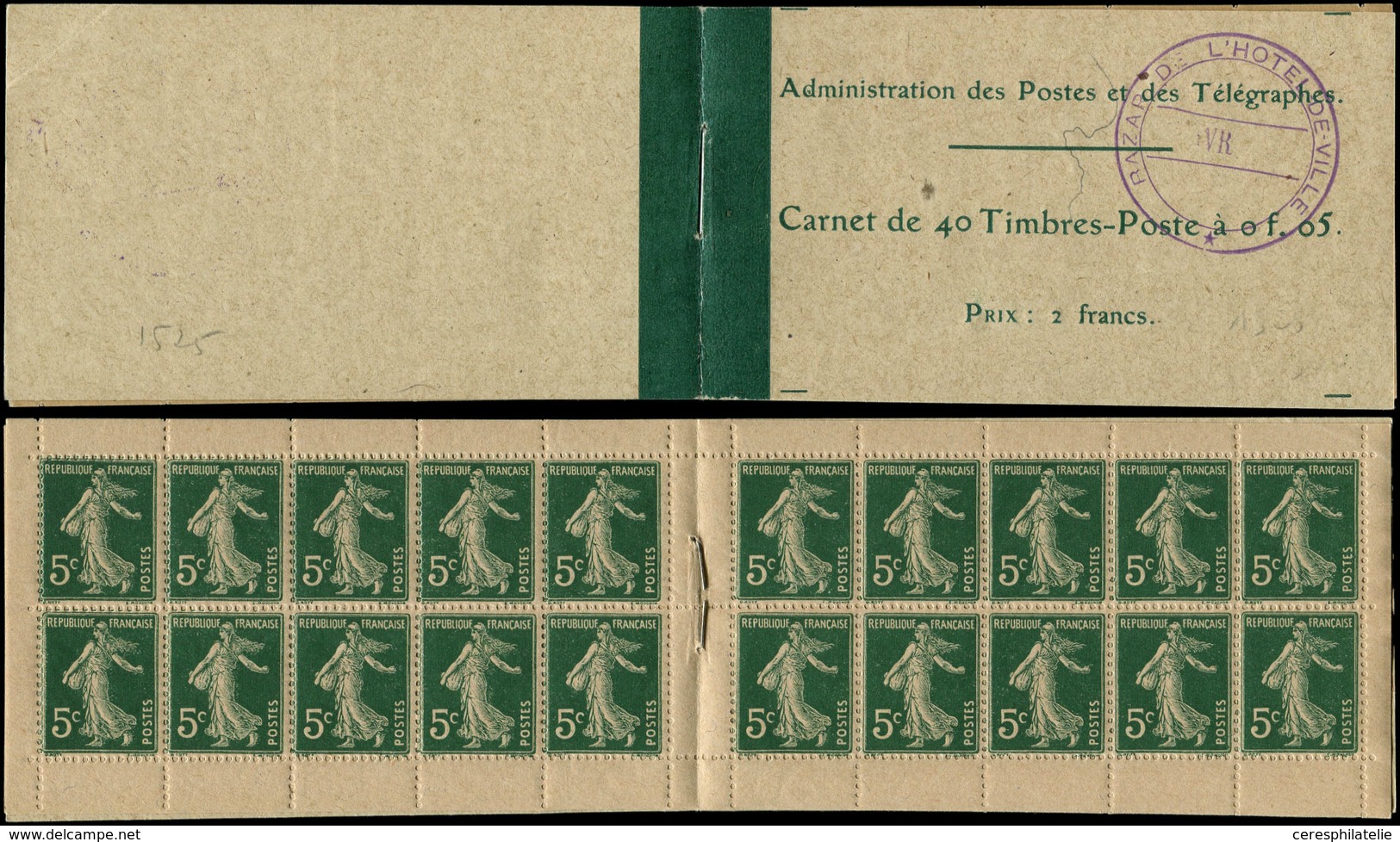 CARNETS (N°Cérès Jusqu'en1964) 11a  Carnet Monnaie N°137, 5c. Vert, 40 Ex., Cachet BAZAR De L'HOTEL De VILLE, TB - Sonstige & Ohne Zuordnung