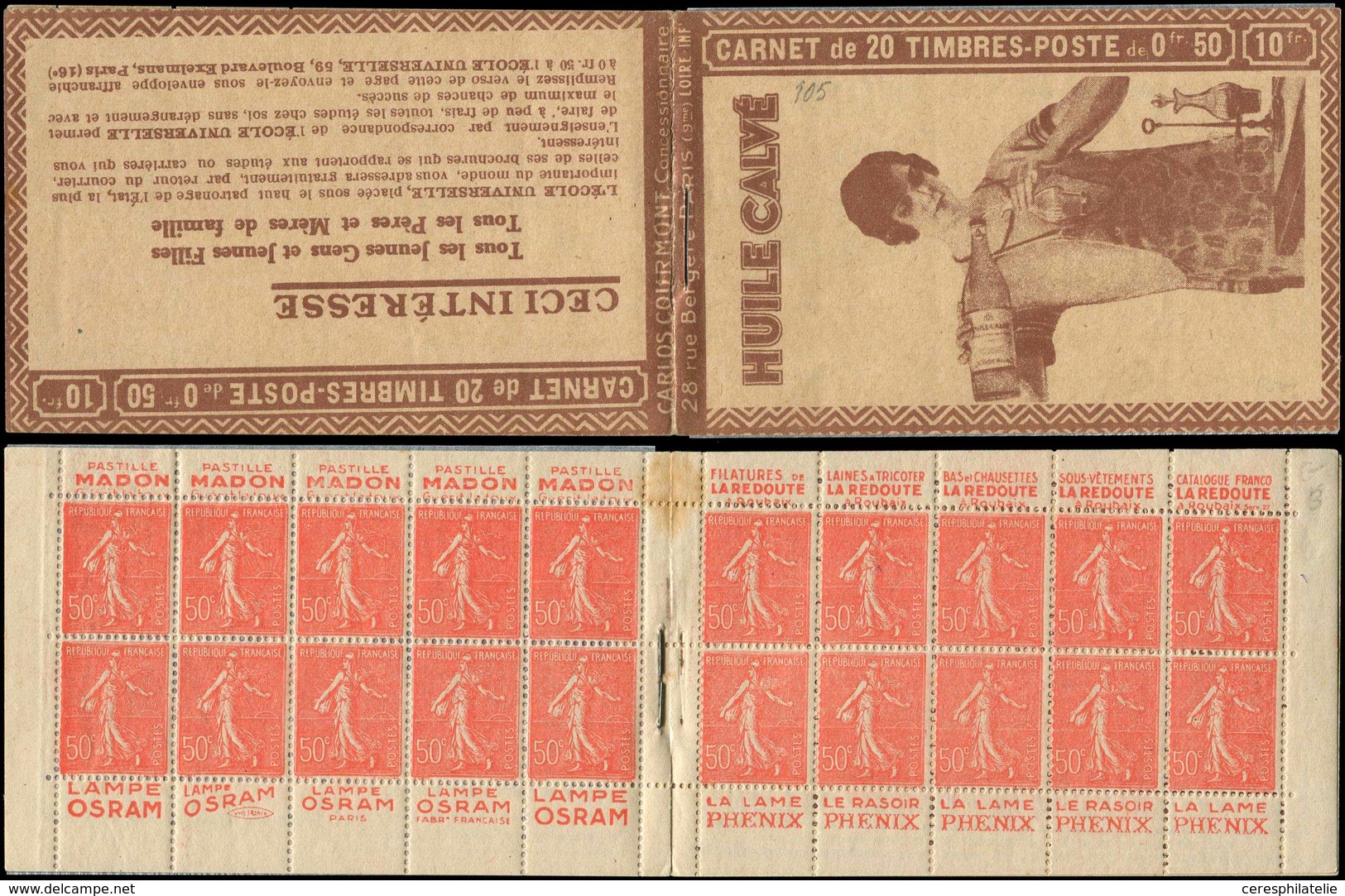 CARNETS (N°Cérès Jusqu'en1964) 105  Semeuse Lignée, 50c. Rouge, N°199B, T IIB, S. LOIRE INF., HUILE CALVE, Rouss. Sur L' - Autres & Non Classés