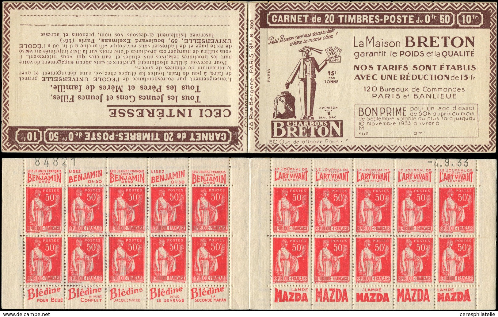 CARNETS (N°Cérès Jusqu'en1964) 171  Paix, 50c. Rouge, N°283, T I, S. 300 PARIS-A, CHARBONS BRETON, N°84821, Daté 4/9/33, - Autres & Non Classés