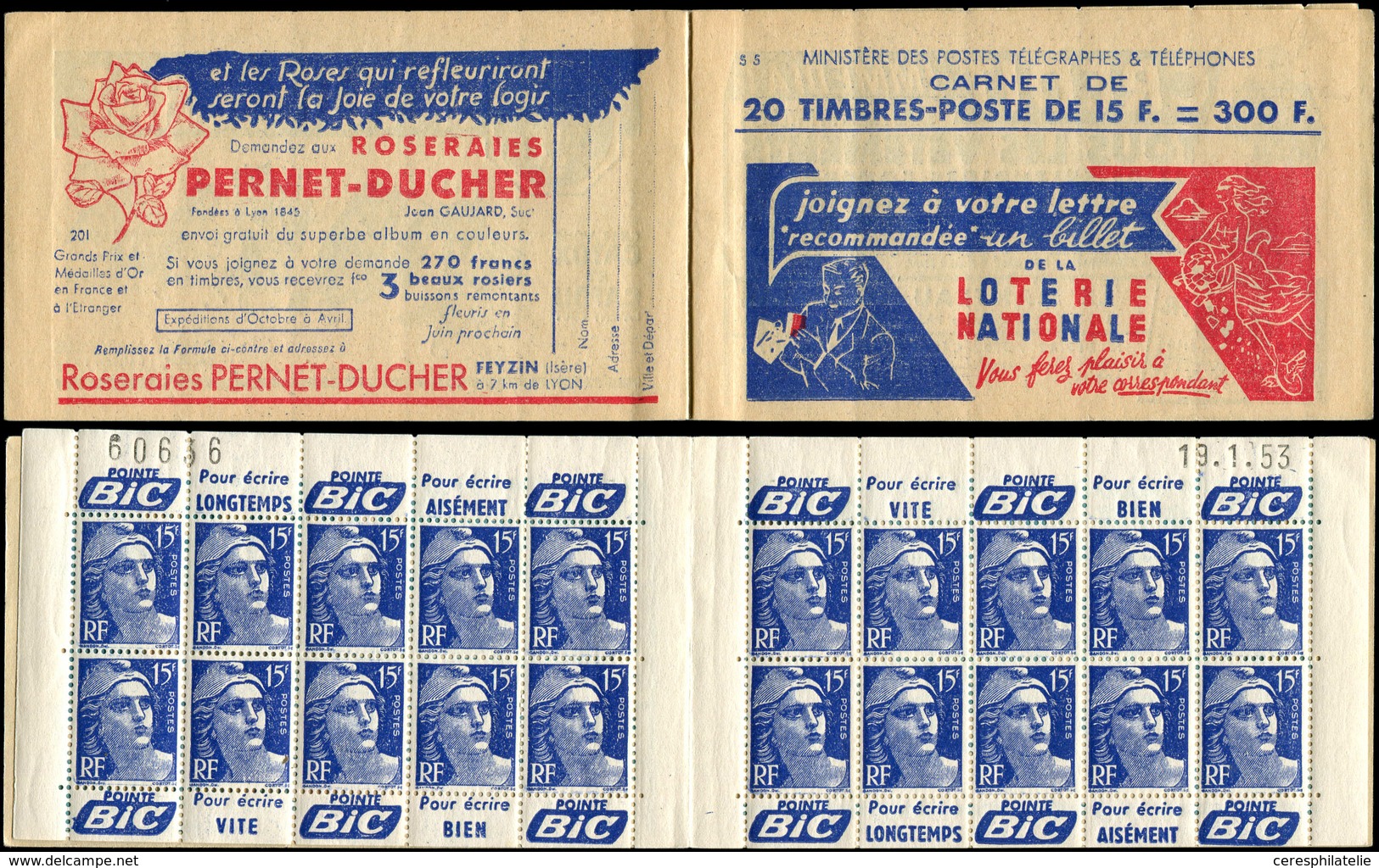 CARNETS (N°Cérès Jusqu'en1964) 254  Gandon, 15f. Bleu, N°886A, T II, S. 5, LOTERIE NATIONALE, N°60636, Daté 19/1/53, TB - Autres & Non Classés