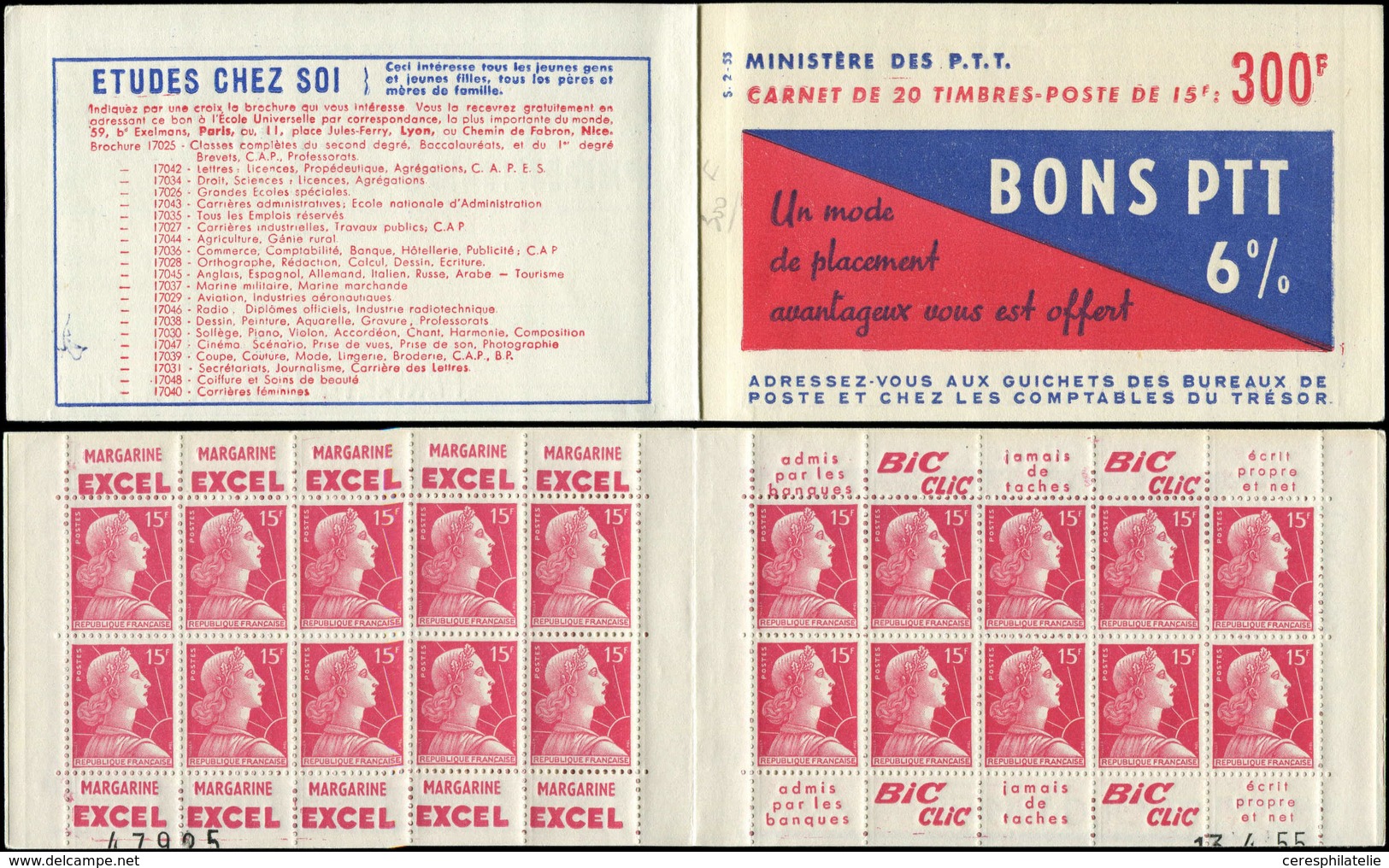 CARNETS (N°Cérès Jusqu'en1964) 285  Muller, 15f. Rose, N°1011, S. 2-55, BONS PTT 6 %, N°47925, Daté 13/4/55, TB - Autres & Non Classés