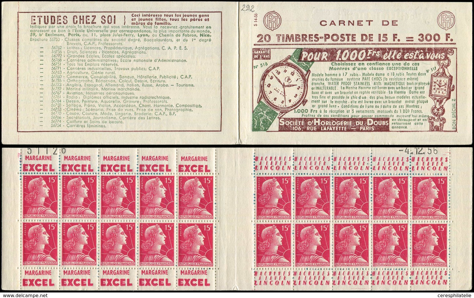 CARNETS (N°Cérès Jusqu'en1964) 292  Muller, 15f. Rose, N°1011, S. 14-56, HORLOGERIE DU DOUBS, Montres, N°51126, Daté 4/1 - Autres & Non Classés