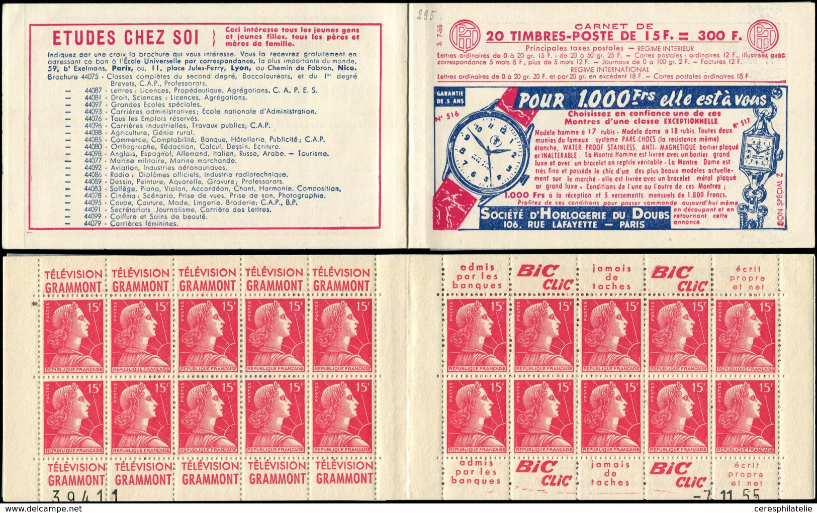 CARNETS (N°Cérès Jusqu'en1964) 295  Muller, 15f. Rose, N°1011, S. 7-55, HORLOGERIE DU DOUBS, Daté 7/11/55, N°39411, TB - Autres & Non Classés