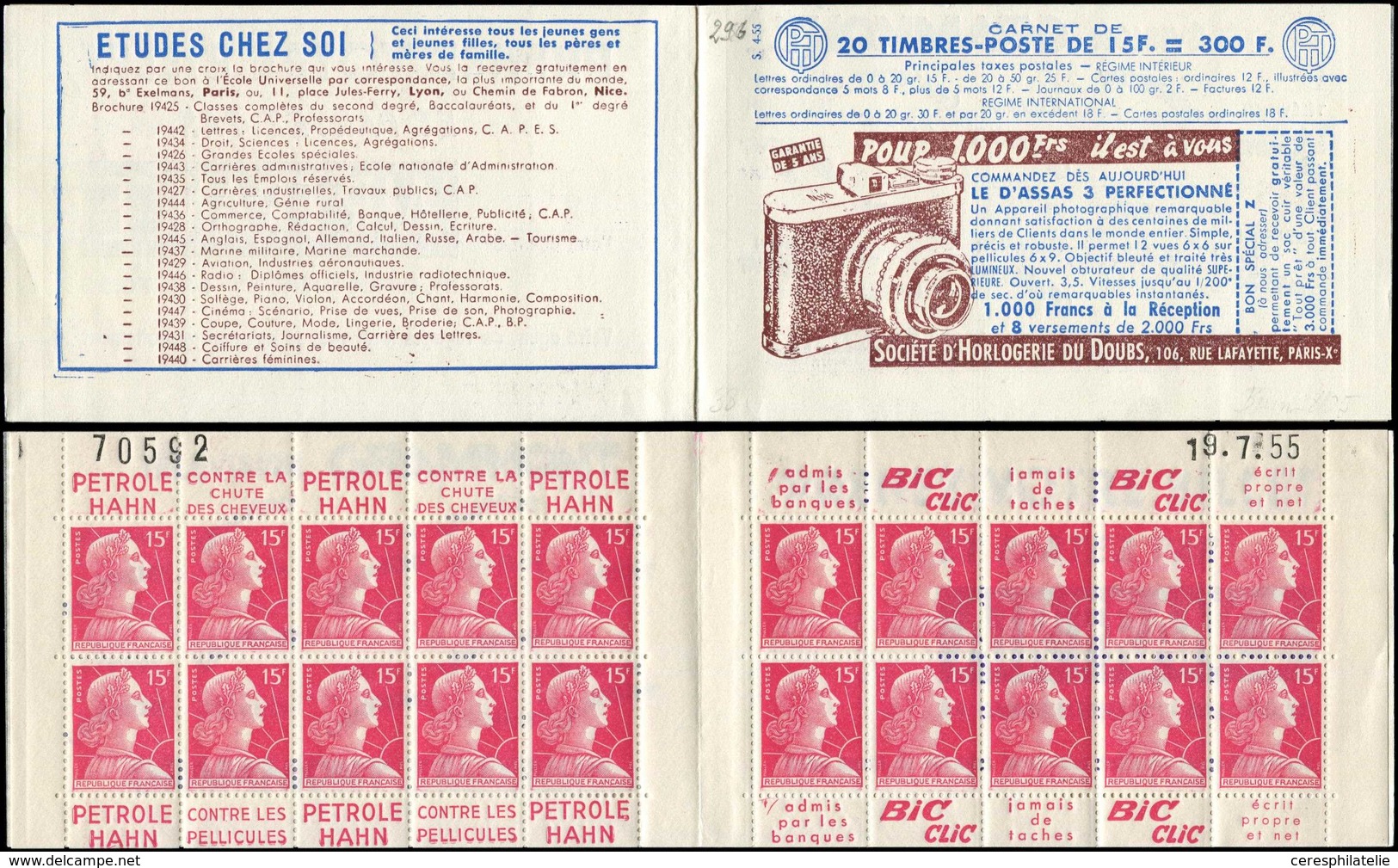 CARNETS (N°Cérès Jusqu'en1964) 296  Muller, 15f. Rose, N°1011, S. 4-55, HORLOGERIE DU DOUBS D'Assas 3, N°70592, Daté 19/ - Sonstige & Ohne Zuordnung