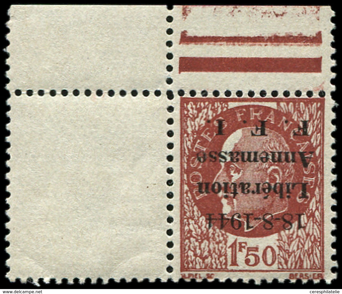 ** TIMBRES DE LIBERATION ANNEMASSE 25a : 1f50 Brun-rouge, Chiffres Maigres, Surcharge RENVERSEE, Cdf, TTB - Liberation