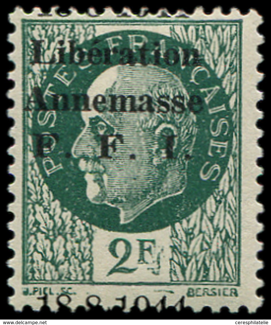 ** TIMBRES DE LIBERATION ANNEMASSE 26 : 2f. Vert, Surcharge DEPLACEE, TB - Befreiung