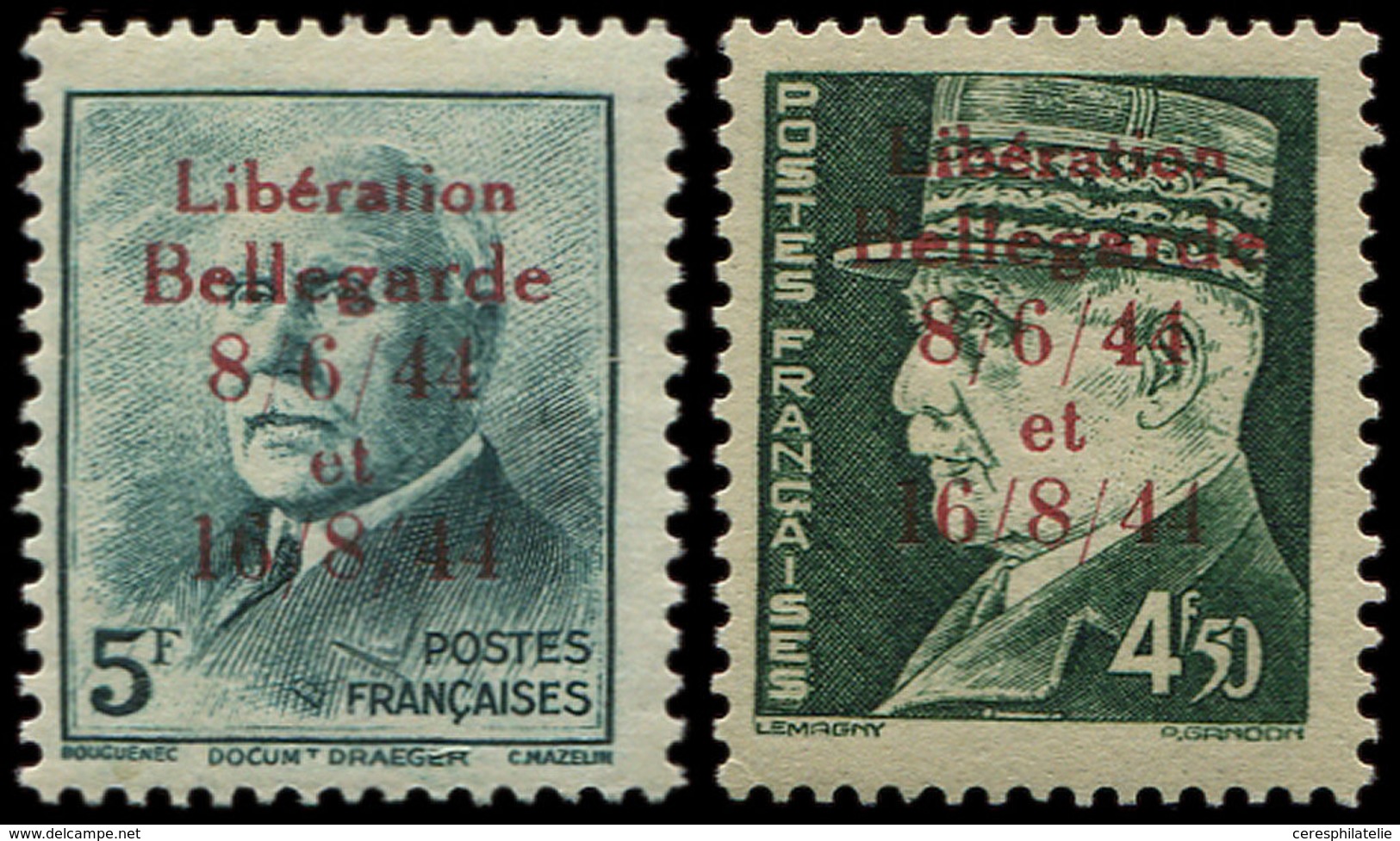 ** TIMBRES DE LIBERATION BELLEGARDE 15/16 : 4f50 Vert Et 5f. Vert, NON EMIS, TB, Signés Mayer - Libération