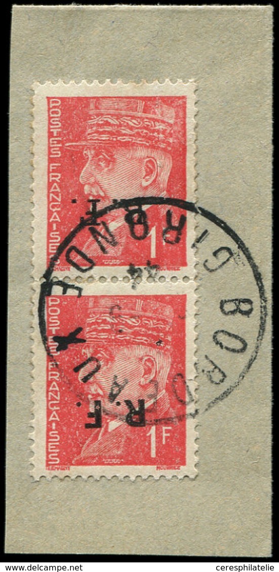 TIMBRES DE LIBERATION BORDEAUX 4b : 1f. Rouge, Surcharge RENVERSEE, PAIRE T II + T III Obl. S. Fragt, R Et TB - Liberation