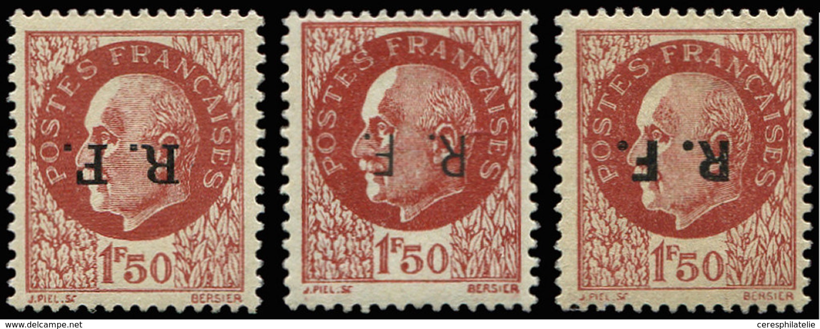 ** TIMBRES DE LIBERATION BORDEAUX 6b : 1f50 Brun-rouge, Surcharge RENVERSEE, T I, II Et III, TB, Signés Mayer - Libération