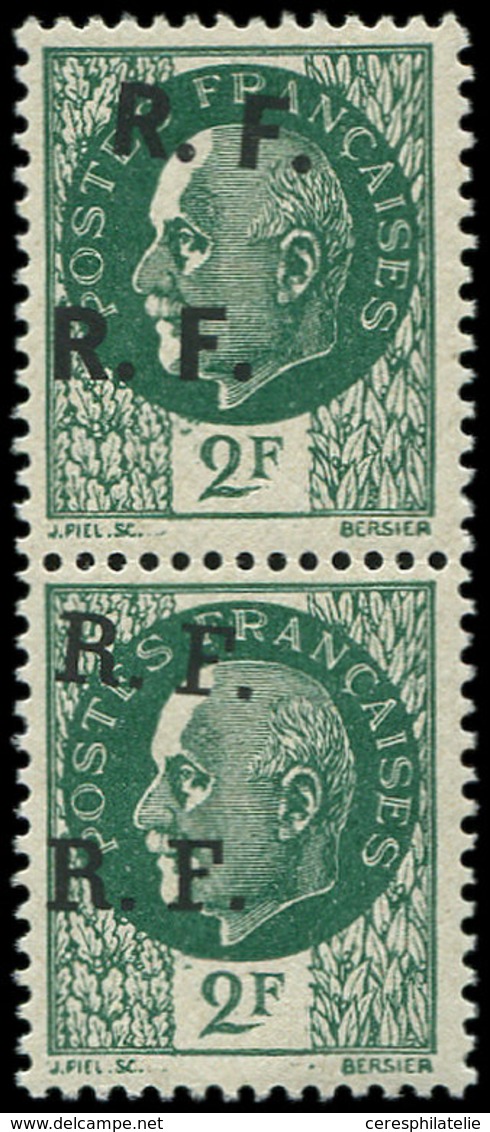 ** TIMBRES DE LIBERATION BORDEAUX 7a : 2f. Vert, DOUBLE Surcharge, T II Et III Se Tenant, TB. S - Libération