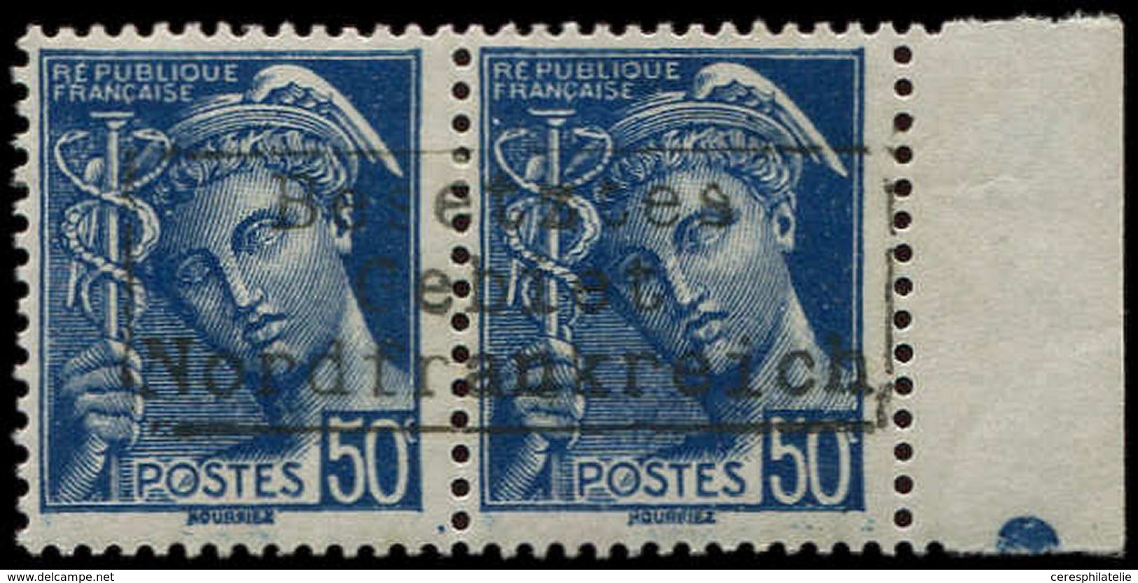 * Spécialités Diverses GUERRE COUDEKERQUE 7 : 50c. Bleu, Mercure, PAIRE Bdf, TB. Br - Guerre (timbres De)