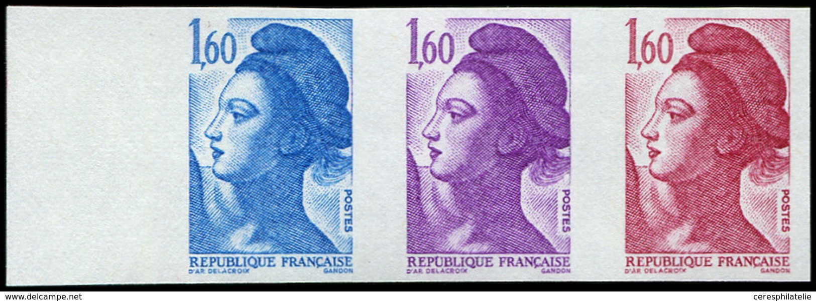 ** ESSAIS DE COULEURS NON DENTELES 2187   Liberté, 1,60, BANDE De 3 ESSAIS De COULEUR NON DENTELES Bdf, TB - Autres & Non Classés