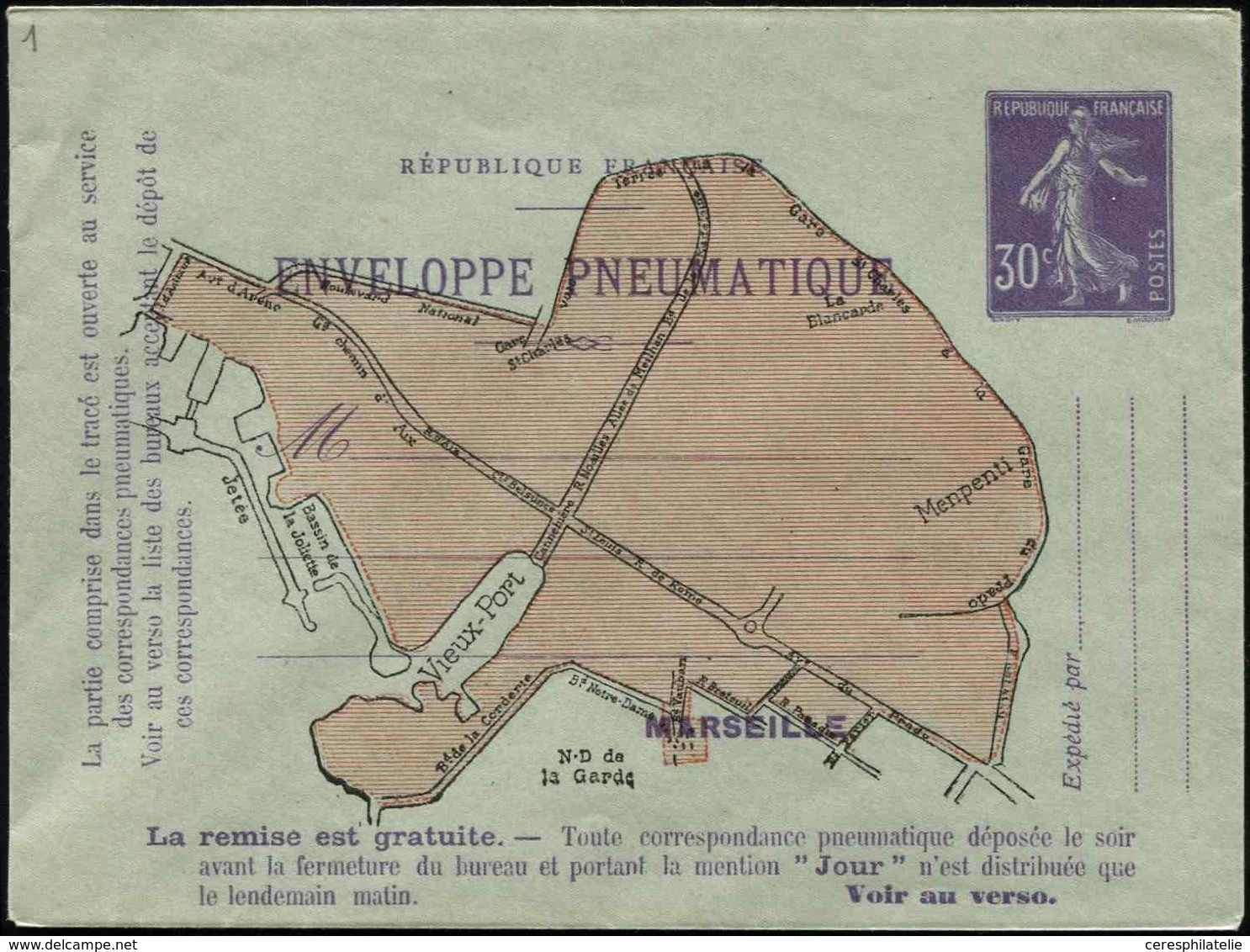 Let ENTIERS POSTAUX Semeuse Camée, 30c. Violet, Env. Pneu N°K19, Plan De Marseille, TB - Autres & Non Classés