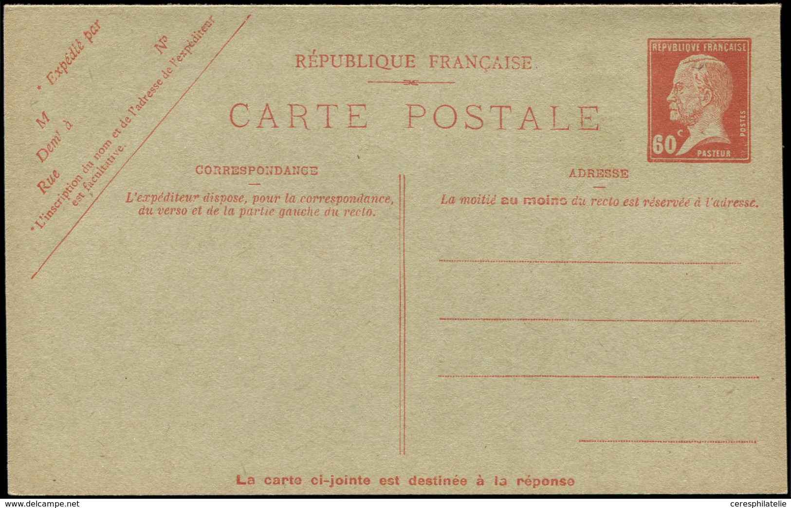 Let ENTIERS POSTAUX Pasteur, CPRP 60c. Rouge, Neuve, TB - Autres & Non Classés