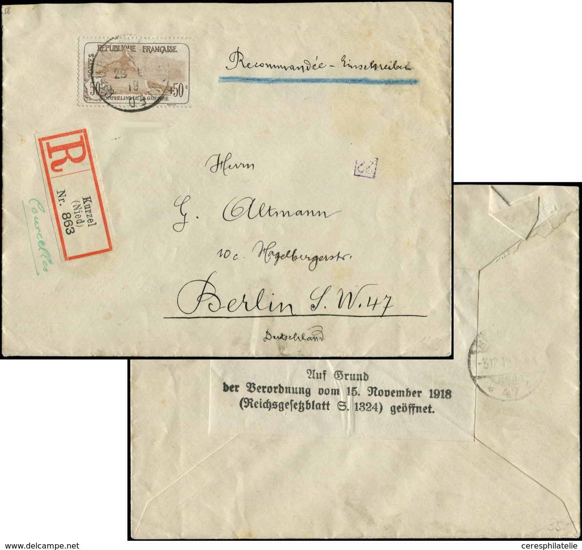 Let LETTRES DU XXe SIECLE N°153 Obl. Càd 29/11/19 S. Env. Rec., Arr. BERLIN, TB - Briefe U. Dokumente