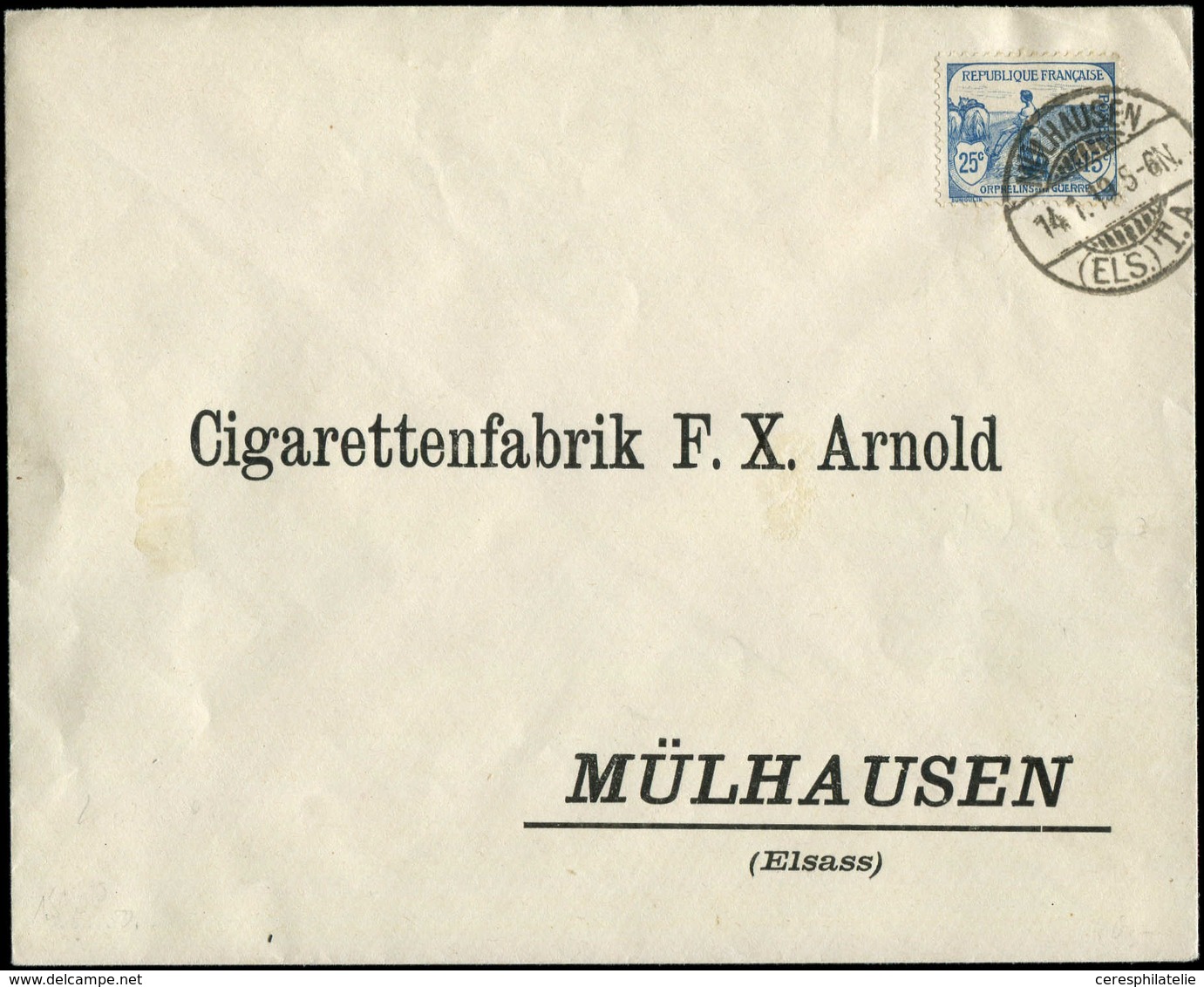 Let LETTRES DU XXe SIECLE N°165 Obl. Càd MULHAUSEN 14/1/19 S. Env. Locale, 2e échelon, Superbe - Lettres & Documents