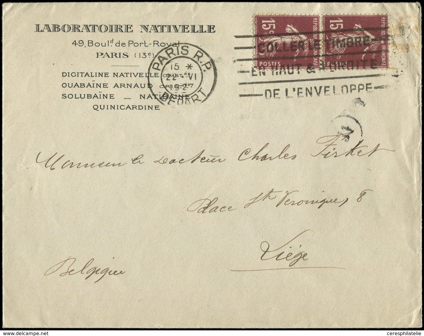 Let LETTRES DU XXe SIECLE N°189 De Roulette, PAIRE Obl. Méc. Paris RP 22/6/27 Sur Env. Du Laboratoire Nativelle Pour La  - Lettres & Documents