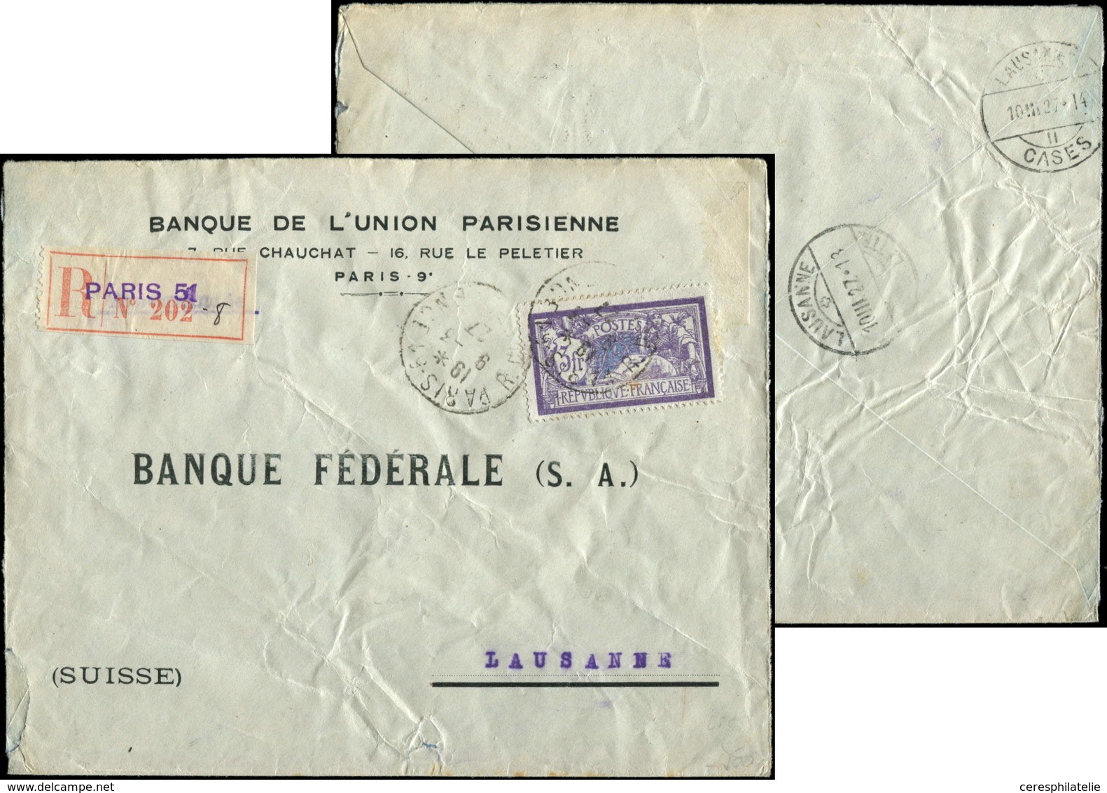 Let LETTRES DU XXe SIECLE N°206 Obl. PARIS 9/3/27 S. Env. Rec., Arr. LAUSANNE 10/3, TB - Lettres & Documents