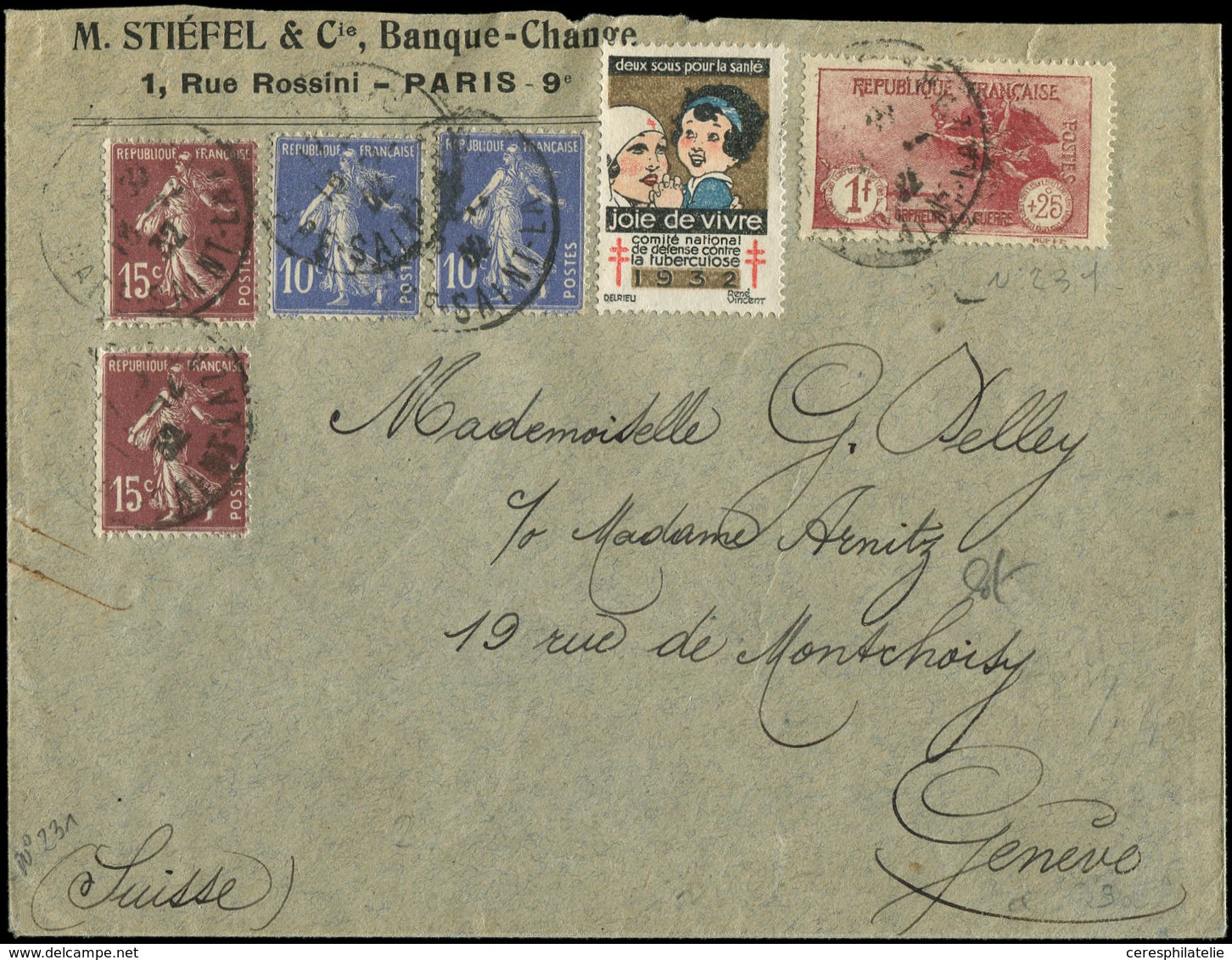 Let LETTRES DU XXe SIECLE N°231 + 189 (2) + 279 (2) Obl. Paris 18/2/22 Sur Env. Pour La SUISSE, TB - Lettres & Documents