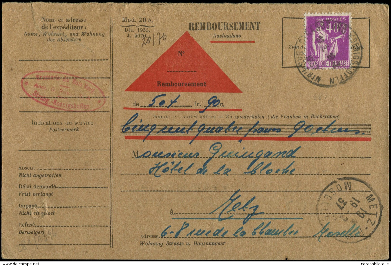 Let LETTRES DU XXe SIECLE N°281 Obl. Strasbourg 19/2/37 Sur Carte De Remboursement D'Alsace-Lorraine, TB - Lettres & Documents