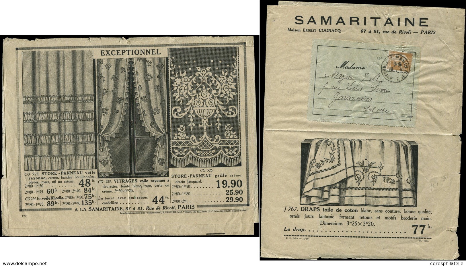 Let LETTRES DU XXe SIECLE N°284 Obl. PARIS RP 25/1/39 Sur Bande Illustrée De La Samaritaine, TB - Lettres & Documents