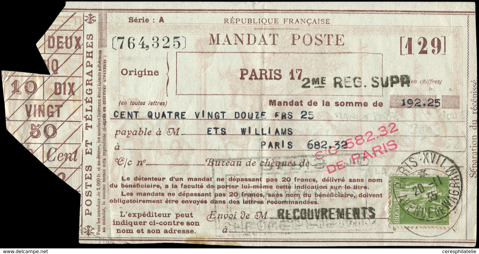 Let LETTRES DU XXe SIECLE N°284 Obl. PARIS-XVII 20/11/35 Sur Mandat-Poste, TB - Lettres & Documents