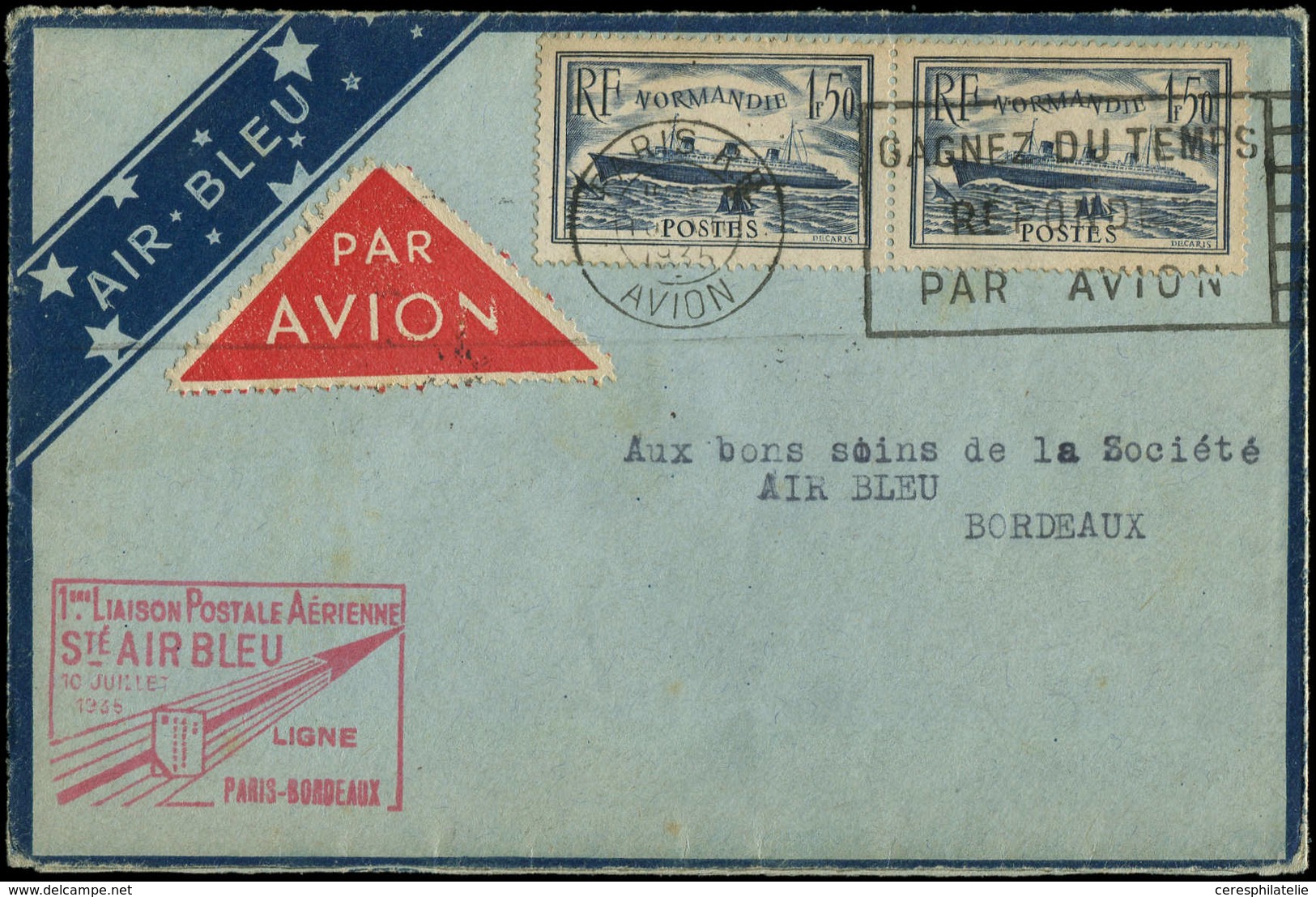 Let Air Bleu N°299 PAIRE Obl. PARIS 10/7/35 Sur Env., Cachet  PARIS-BORDEAUX, TB - Premiers Vols