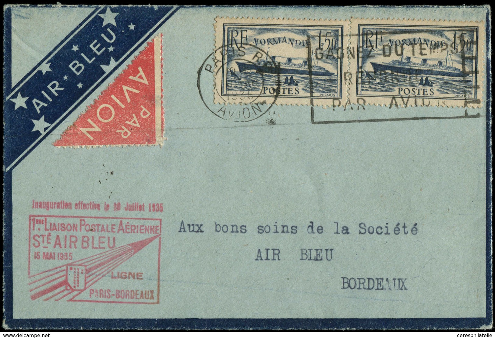Let Air Bleu N°299 (2) Obl. Càd PARIS 1935 S. Env., Cachet  PARIS-BORDEAUX, TB - Premiers Vols