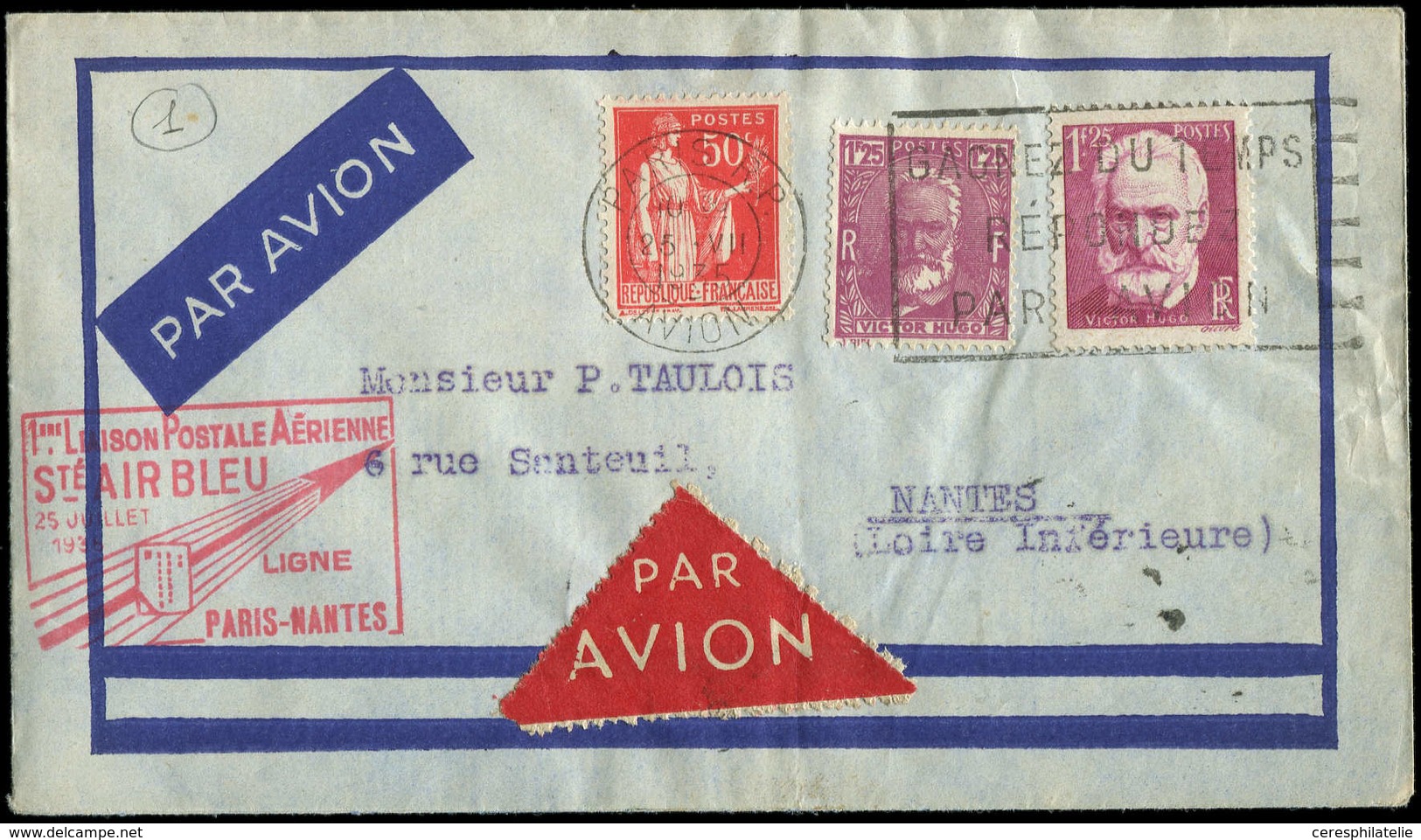 Let Air Bleu N°283, 293 Et 304 Obl. Càd 25/07/35 S. Env., Cachet  PARIS-NANTES, TB - Premiers Vols